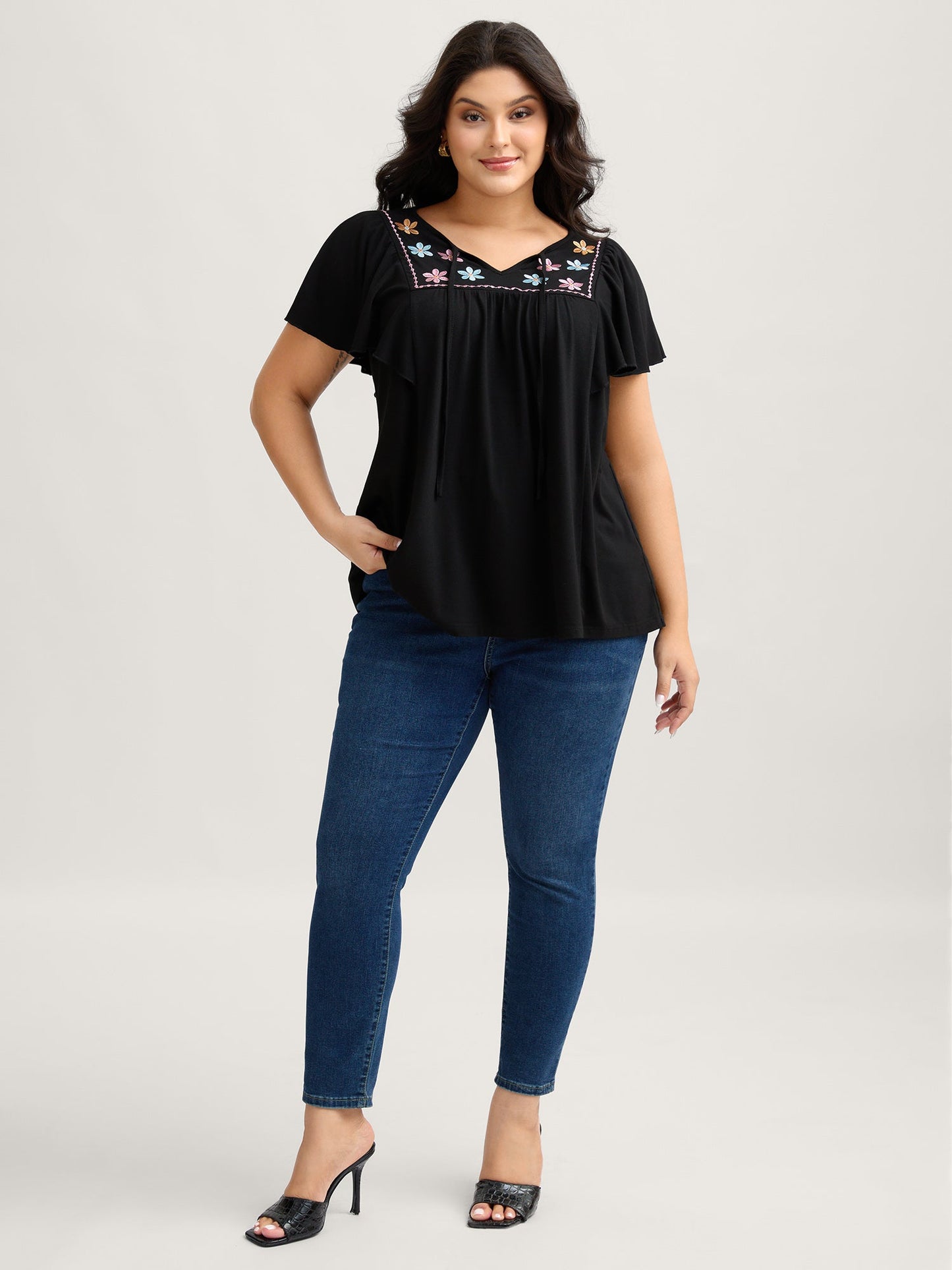 Floral Neck Embroidery Flowy T-Shirt