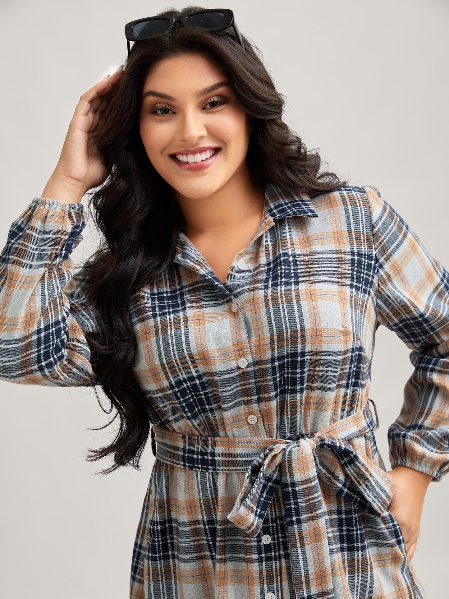 Plaid Print Belted Waist-Defining Midi Dress