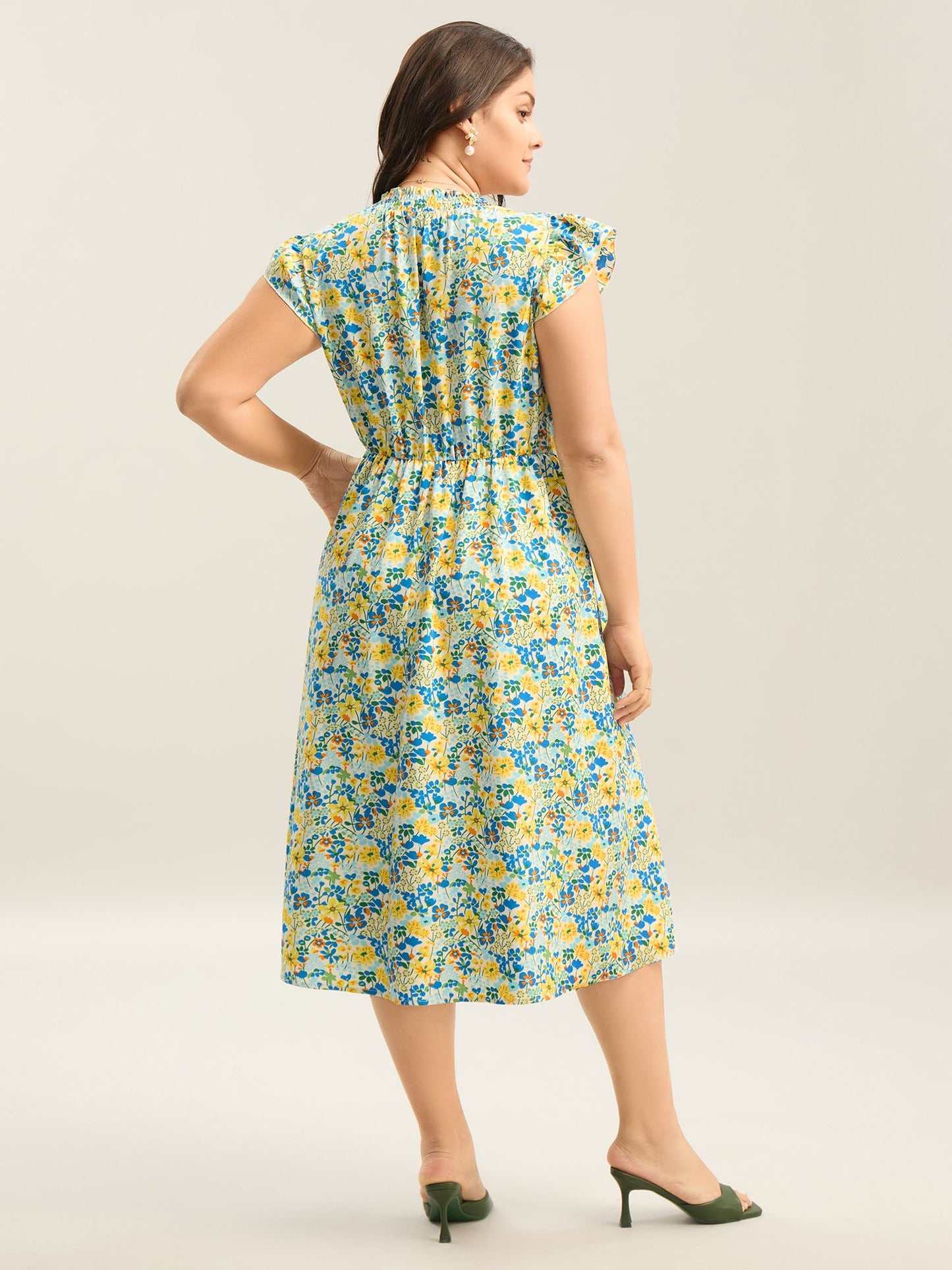 Floral Print Shirred Pockets Midi Dress