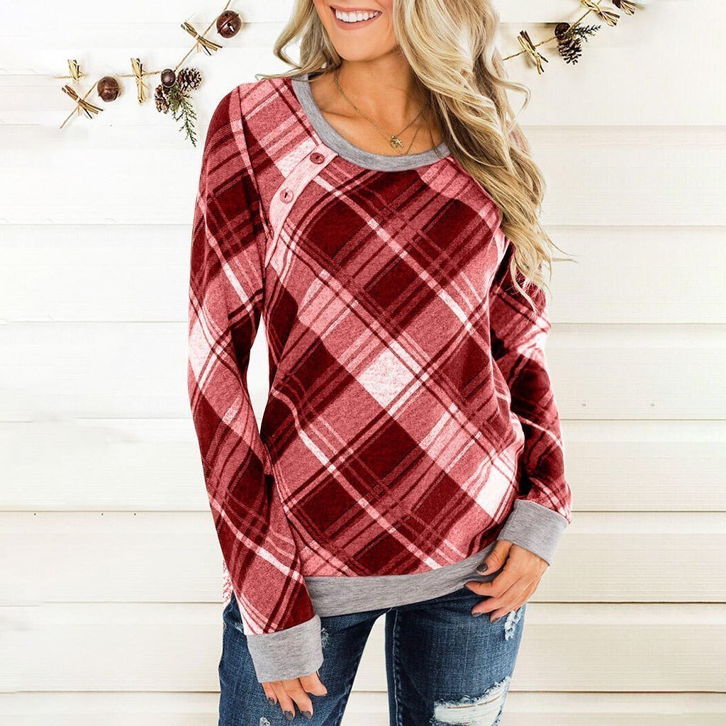 Round Collar Button Plaid Long Sleeve T-shirt
