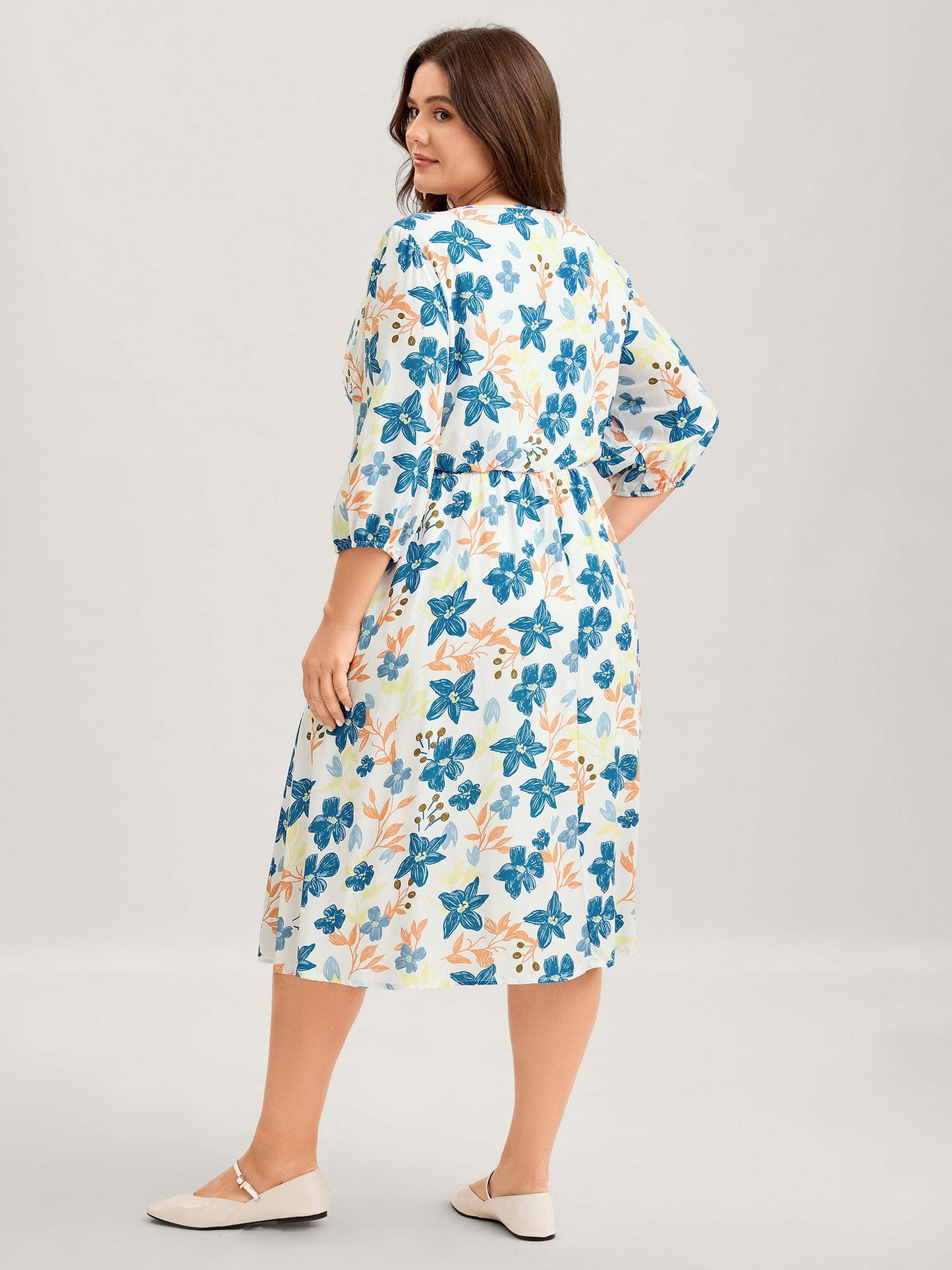 Rayon Floral Stretchy Waist Pockets Midi Dress