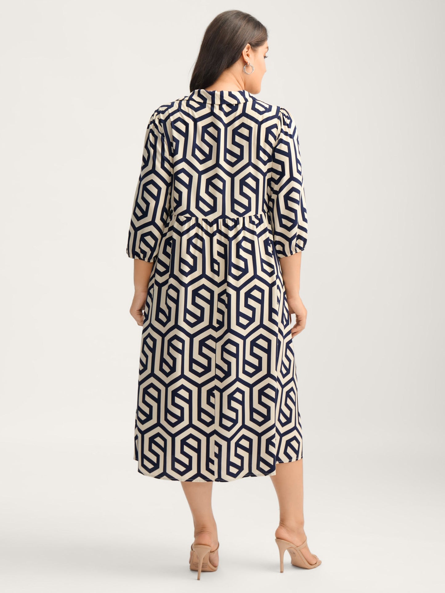 Rayon Geometric Pattern Button Midi Dress