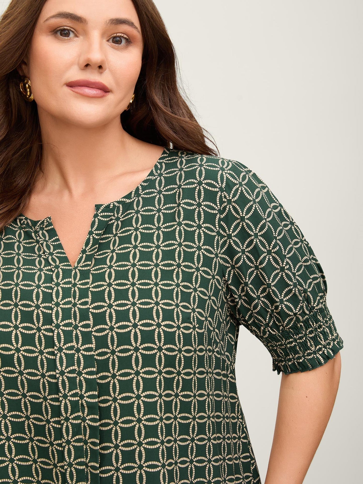 Floral Shirred Split Neckline Blouse