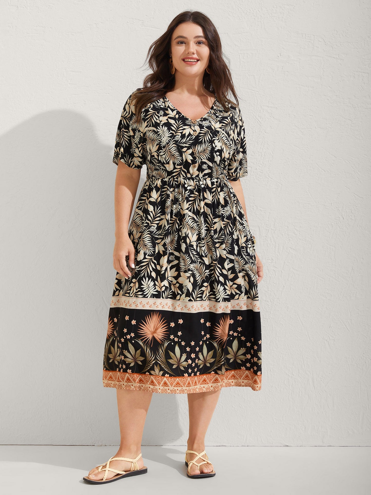 Rayon Floral Print Button Detail Midi Dress