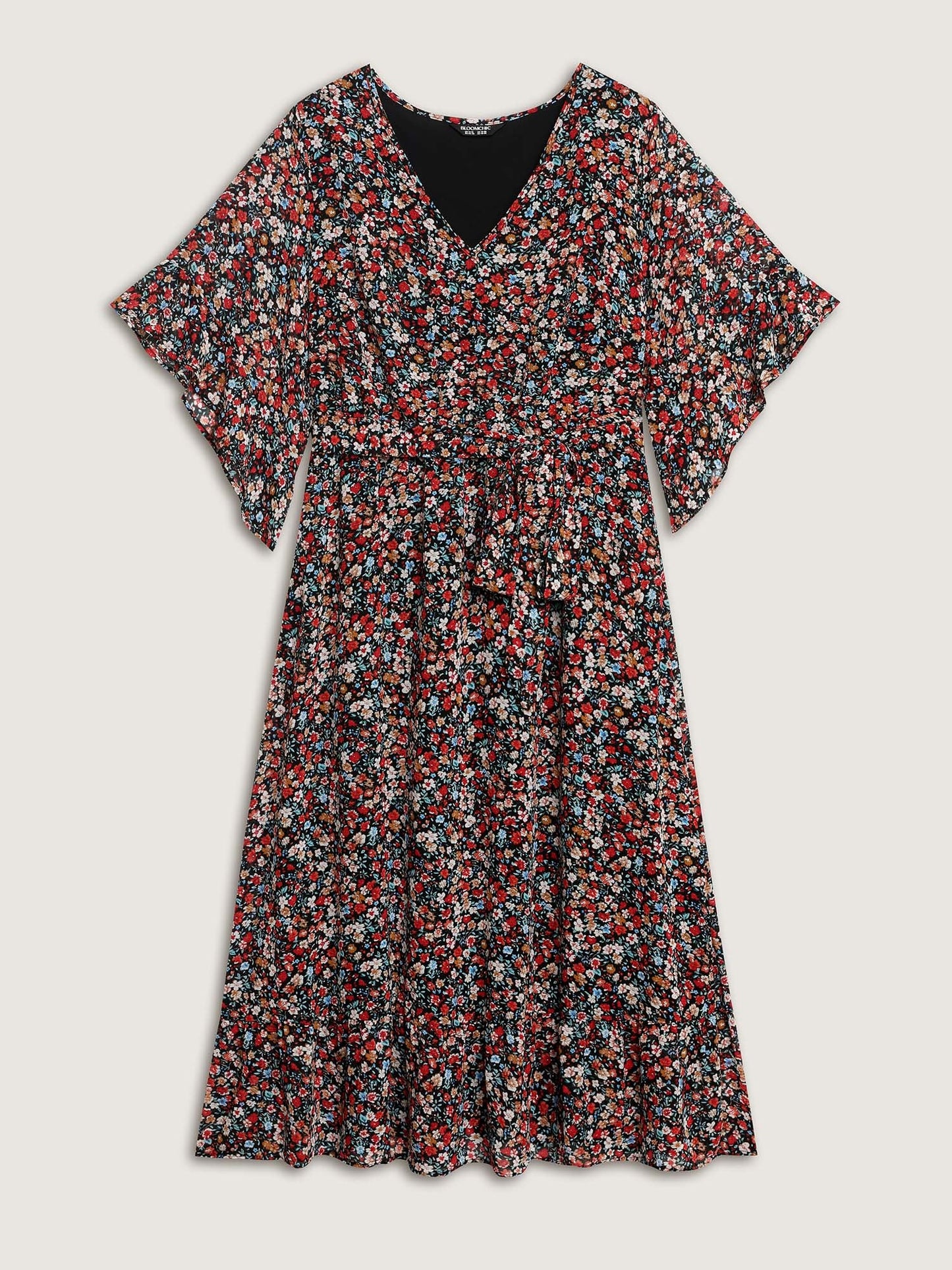 Floral Print Pockets Flared Sleeve Midi Dress