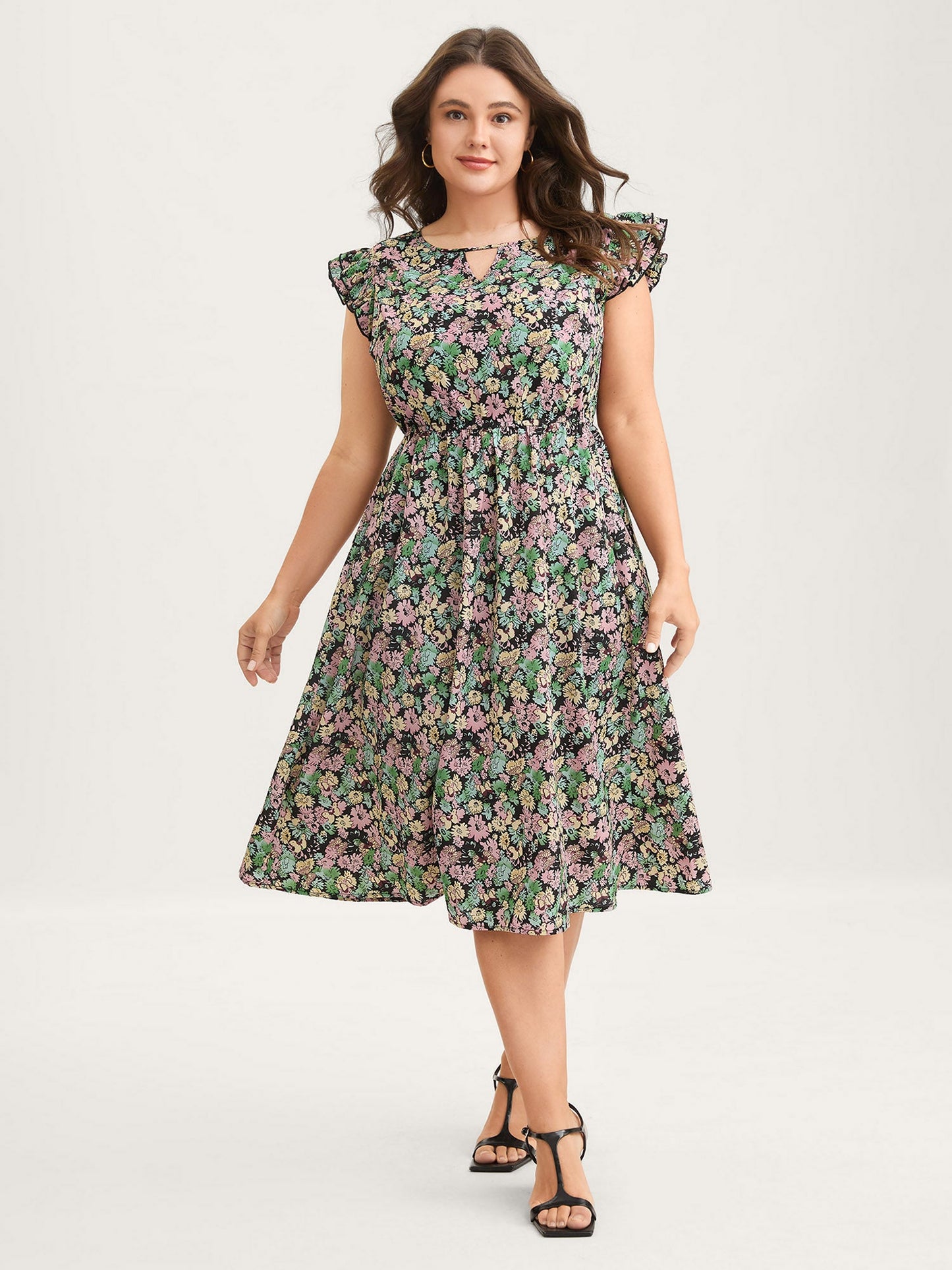 Floral Layered Ruffled Sleeve Midi Dress