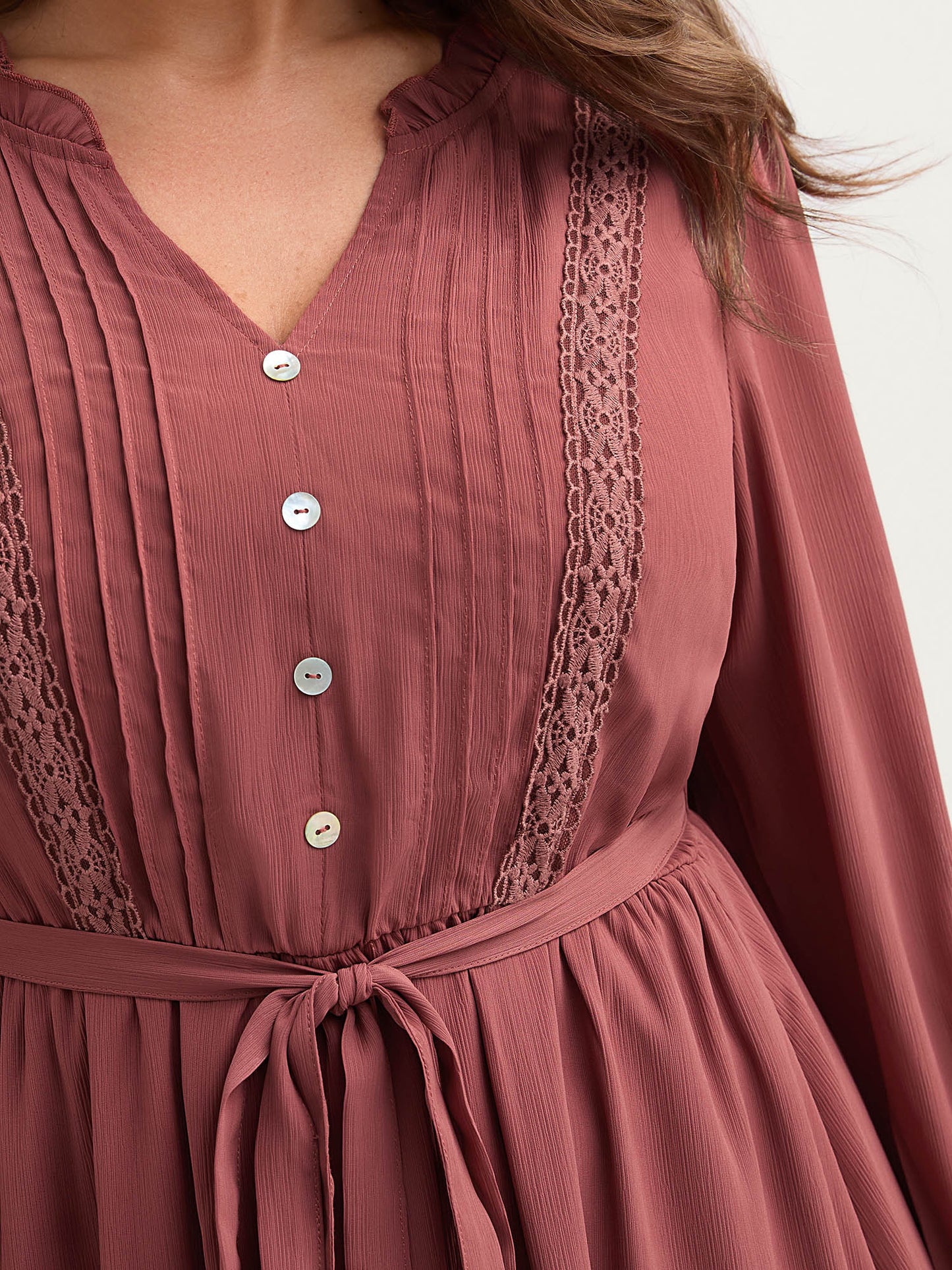 Pintuck Pleats Lace Trim Waist-Tie Maxi Dress