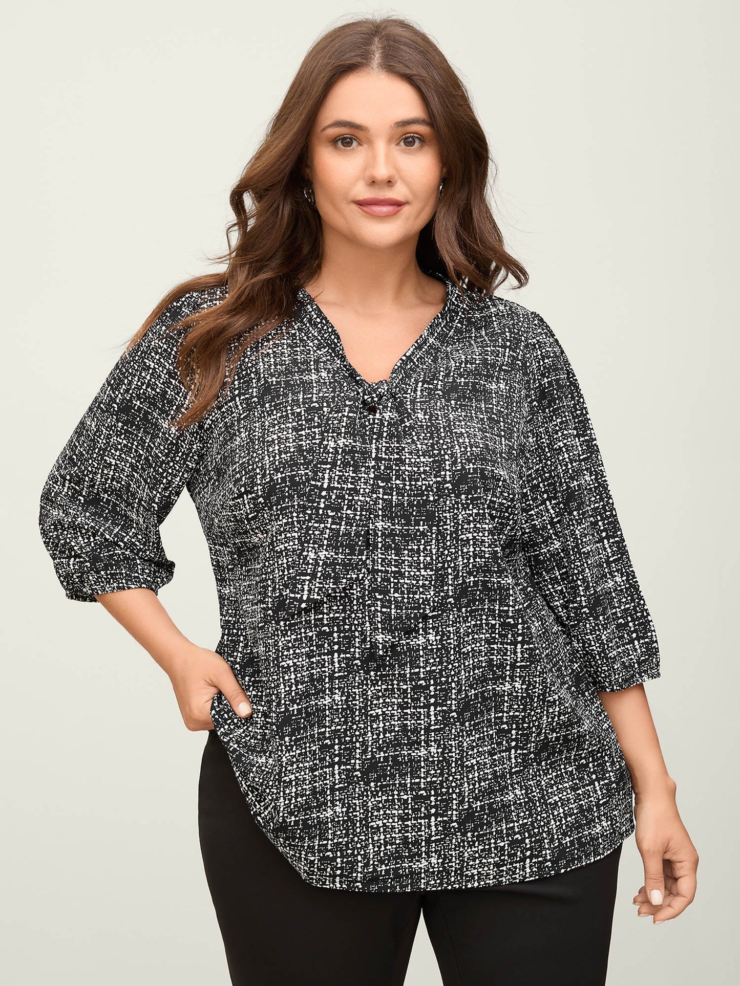 Tweed Print Knot Neck Blouse