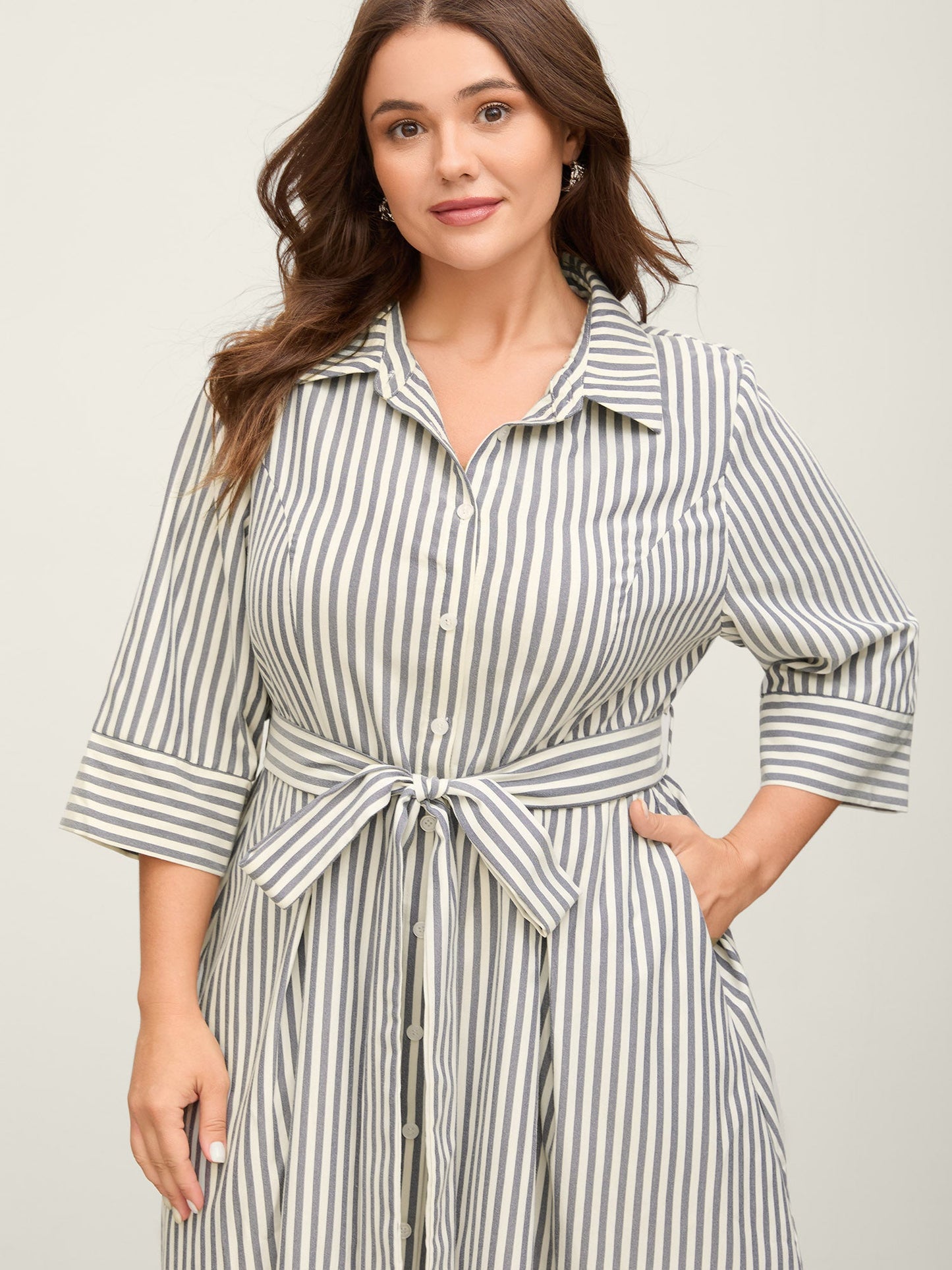 Striped Waist Belt Midi Shirt Dress