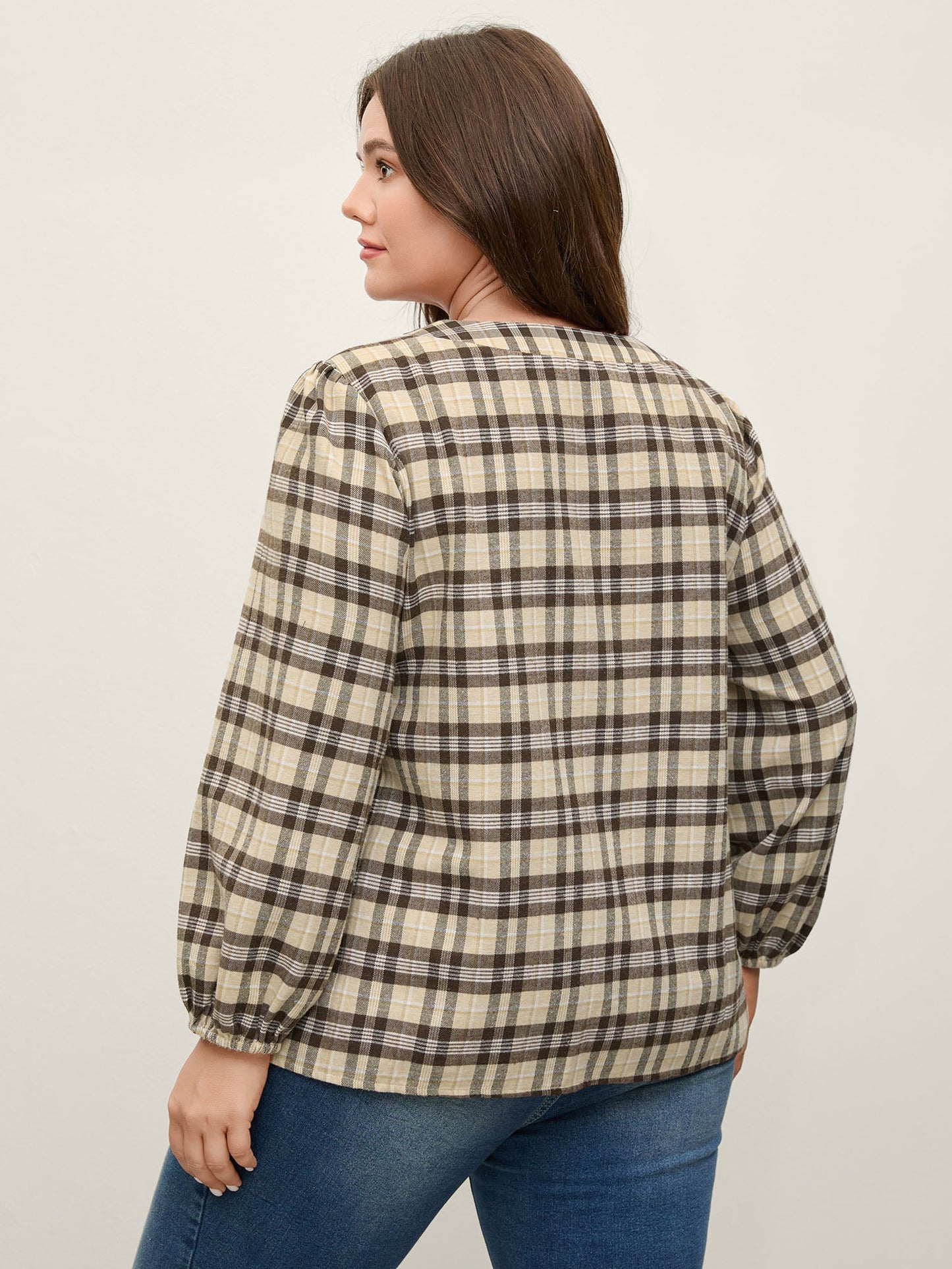 Plaid Print Neck Tie-Up Blouse