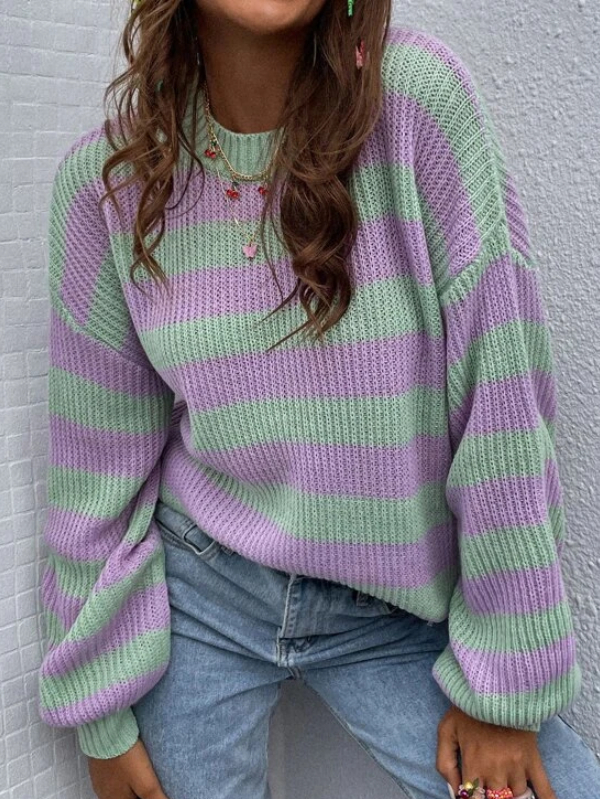 Striped Pattern Drop Shoulder Sweater