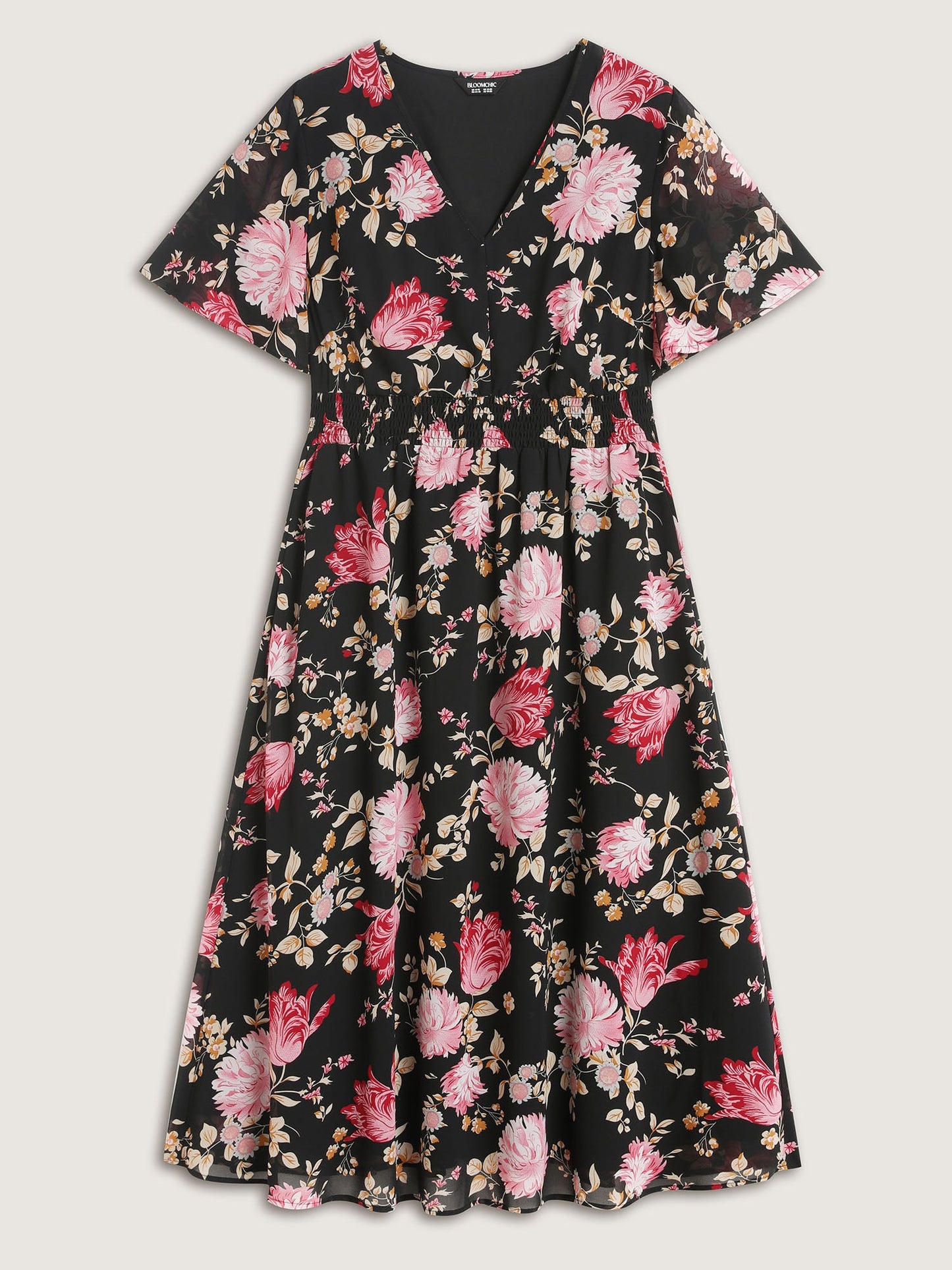 Sweet Floral Shirred Waist Cinched Midi Dress