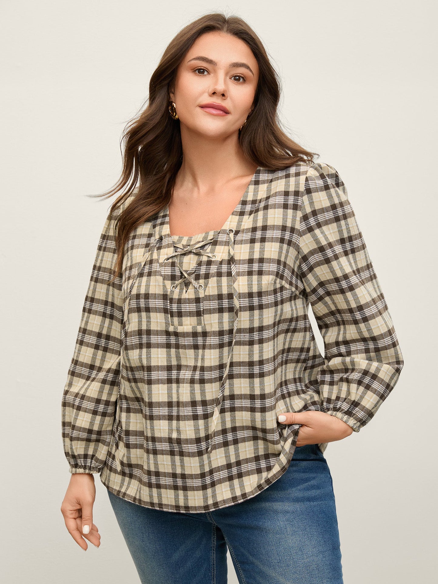 Plaid Print Neck Tie-Up Blouse