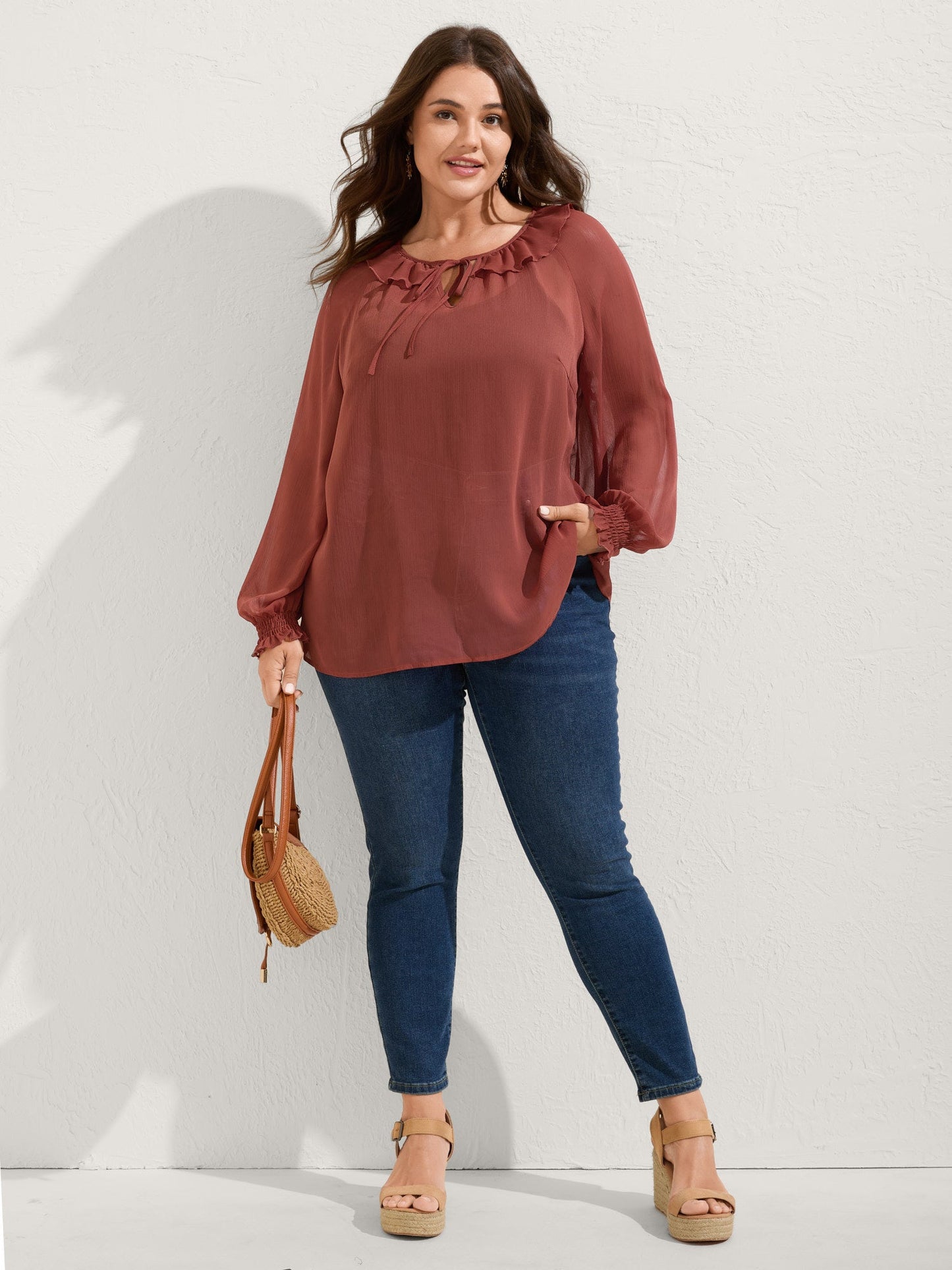 Sheer Ruffled Neck Flowy Solid Blouse