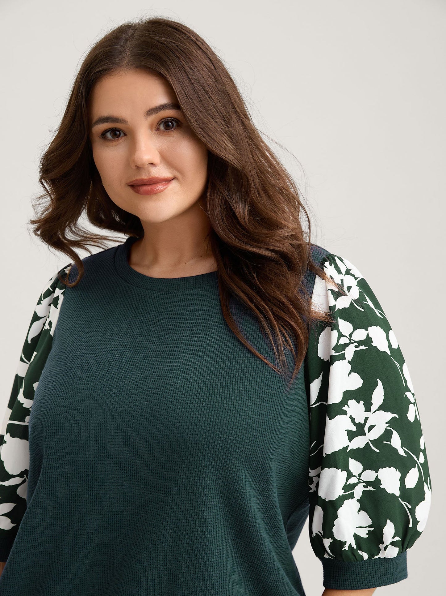 Textured Floral Puffy Sleeve Sweatshirt