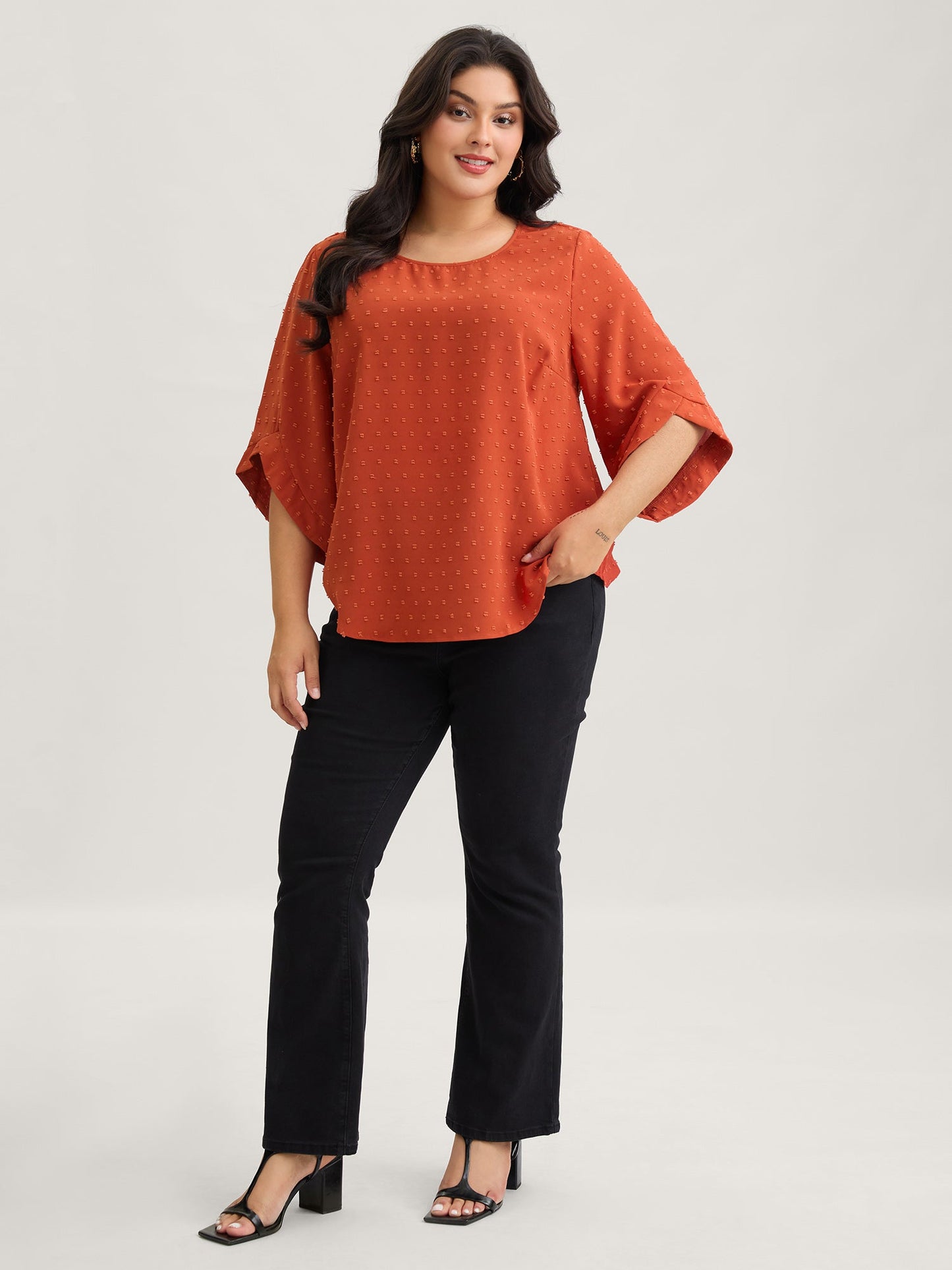Textured Round Neck Bell Sleeve Blouse