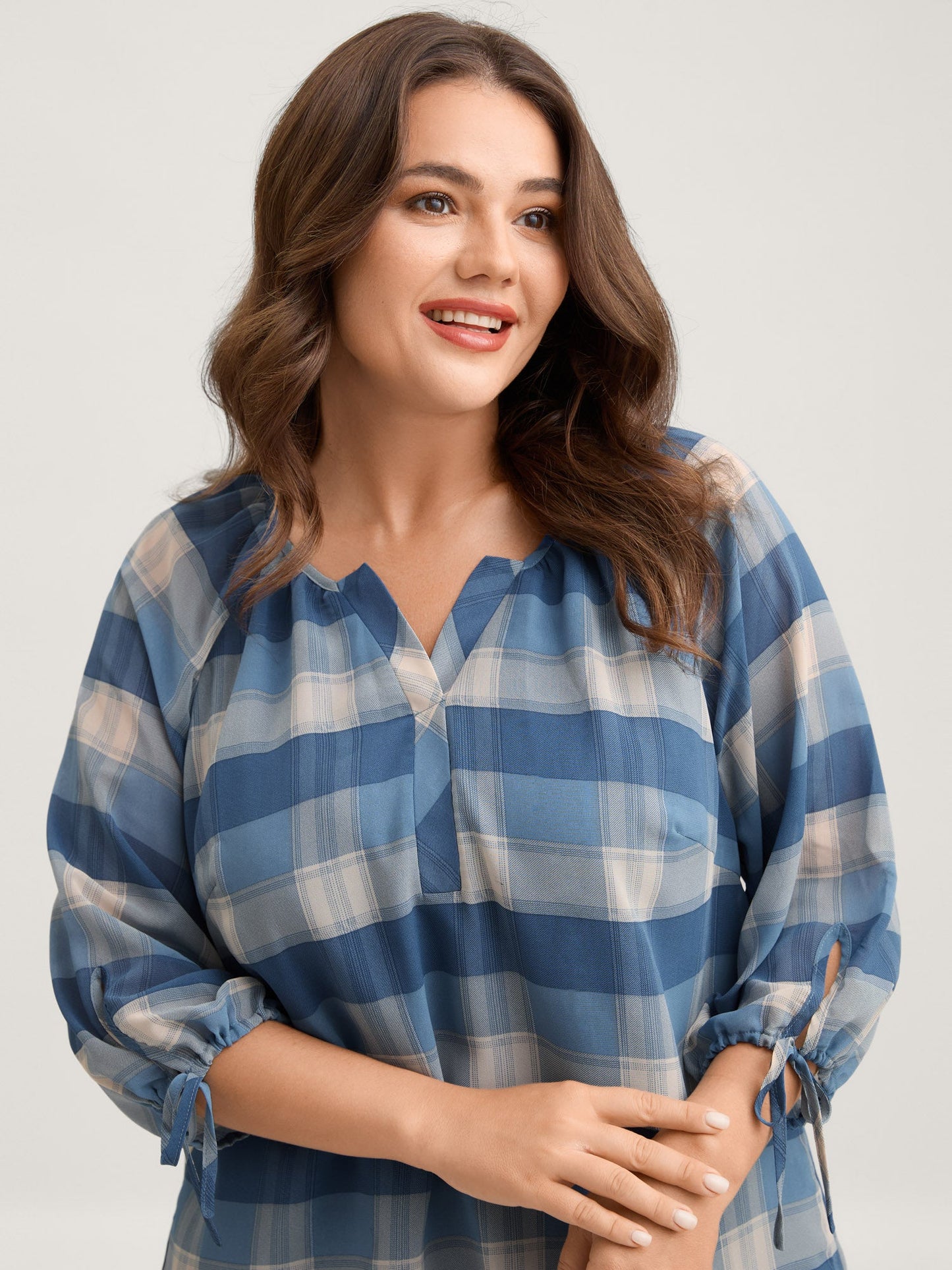 Plaid Print Notched Collar Blouse