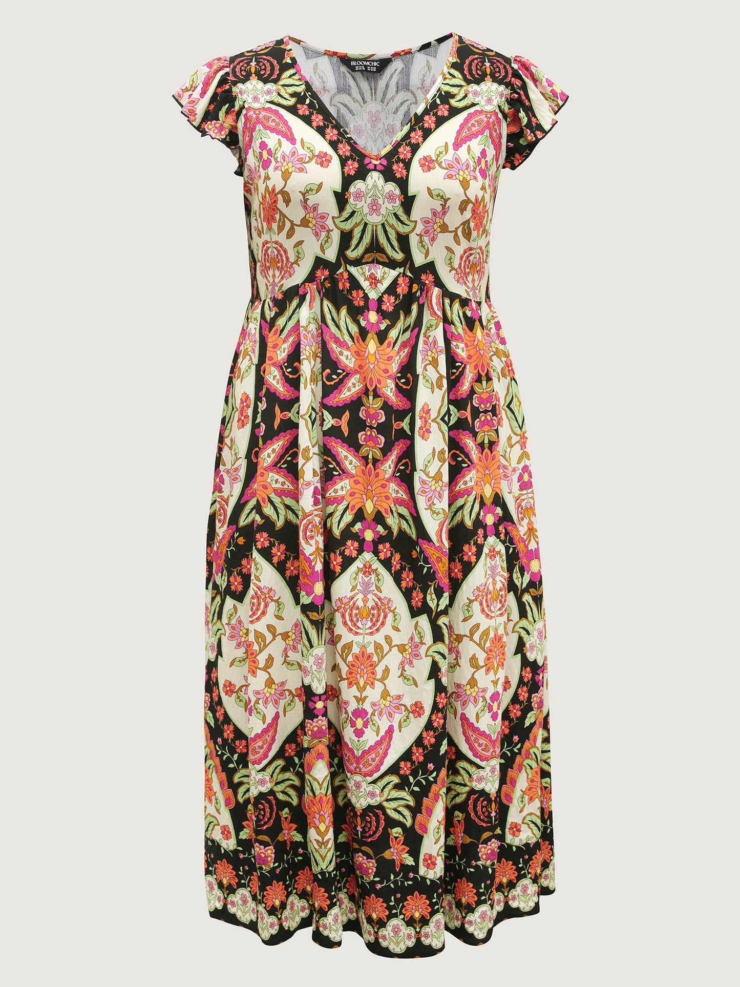 Floral Print Ruffled Sleeve V-Neck Midi Dress