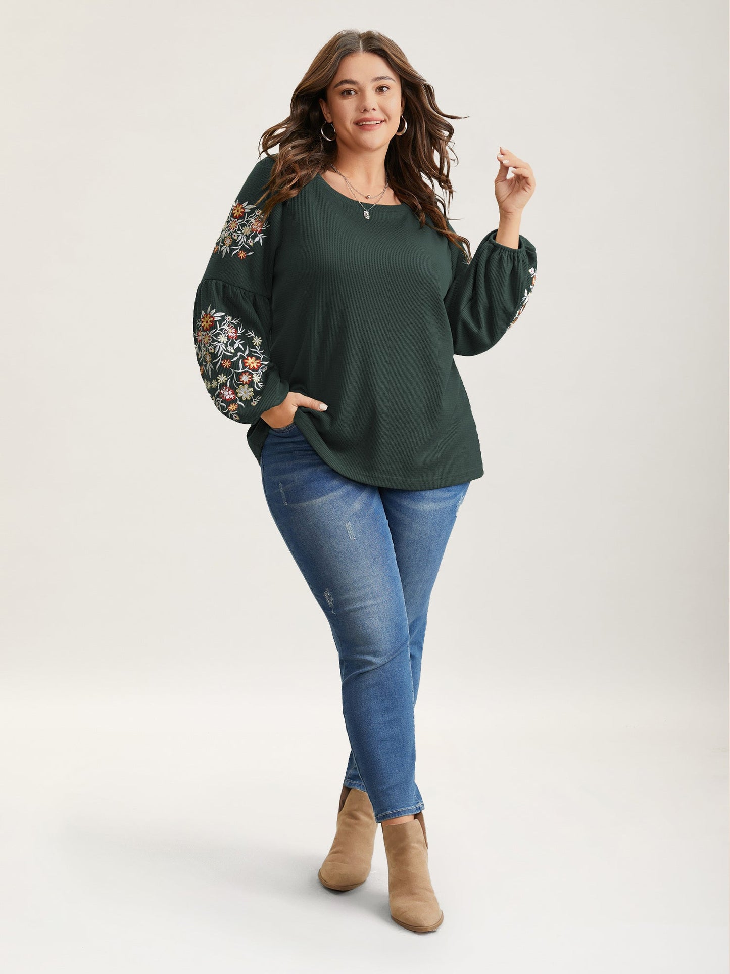 Waffle Knit Floral Embroidered Lantern Sleeve T-shirt