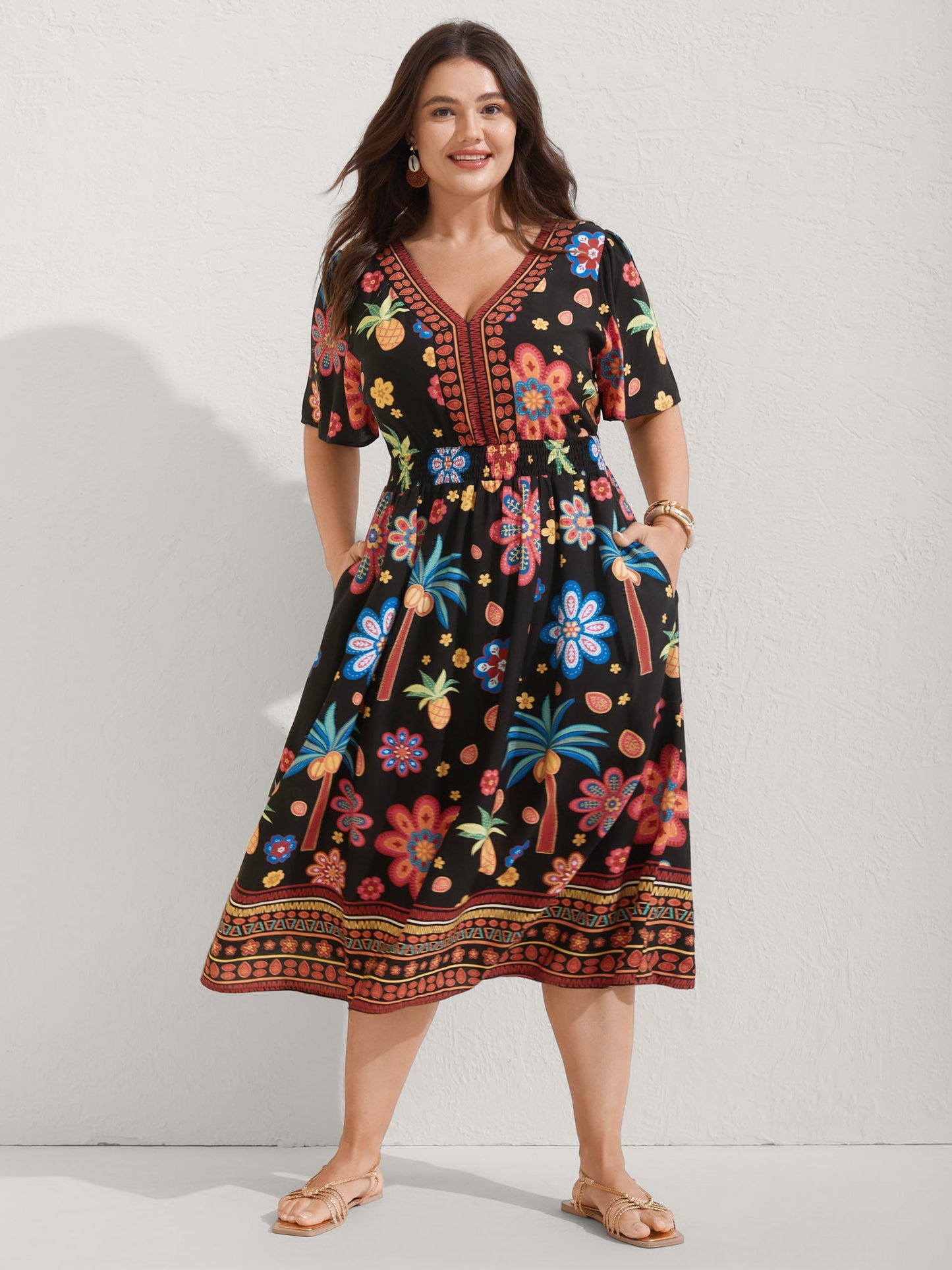 Rayon Tropical Floral Shirred Waist Midi Dress