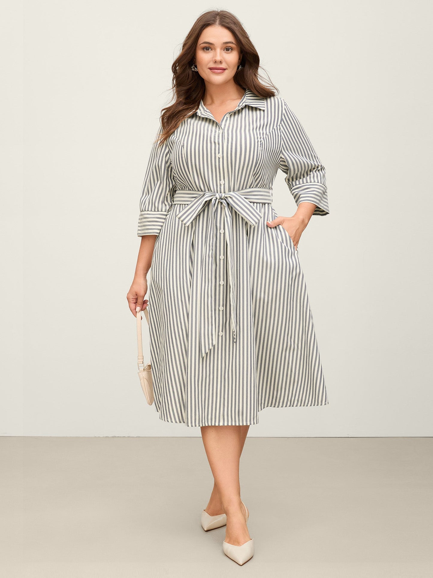 Striped Waist Belt Midi Shirt Dress