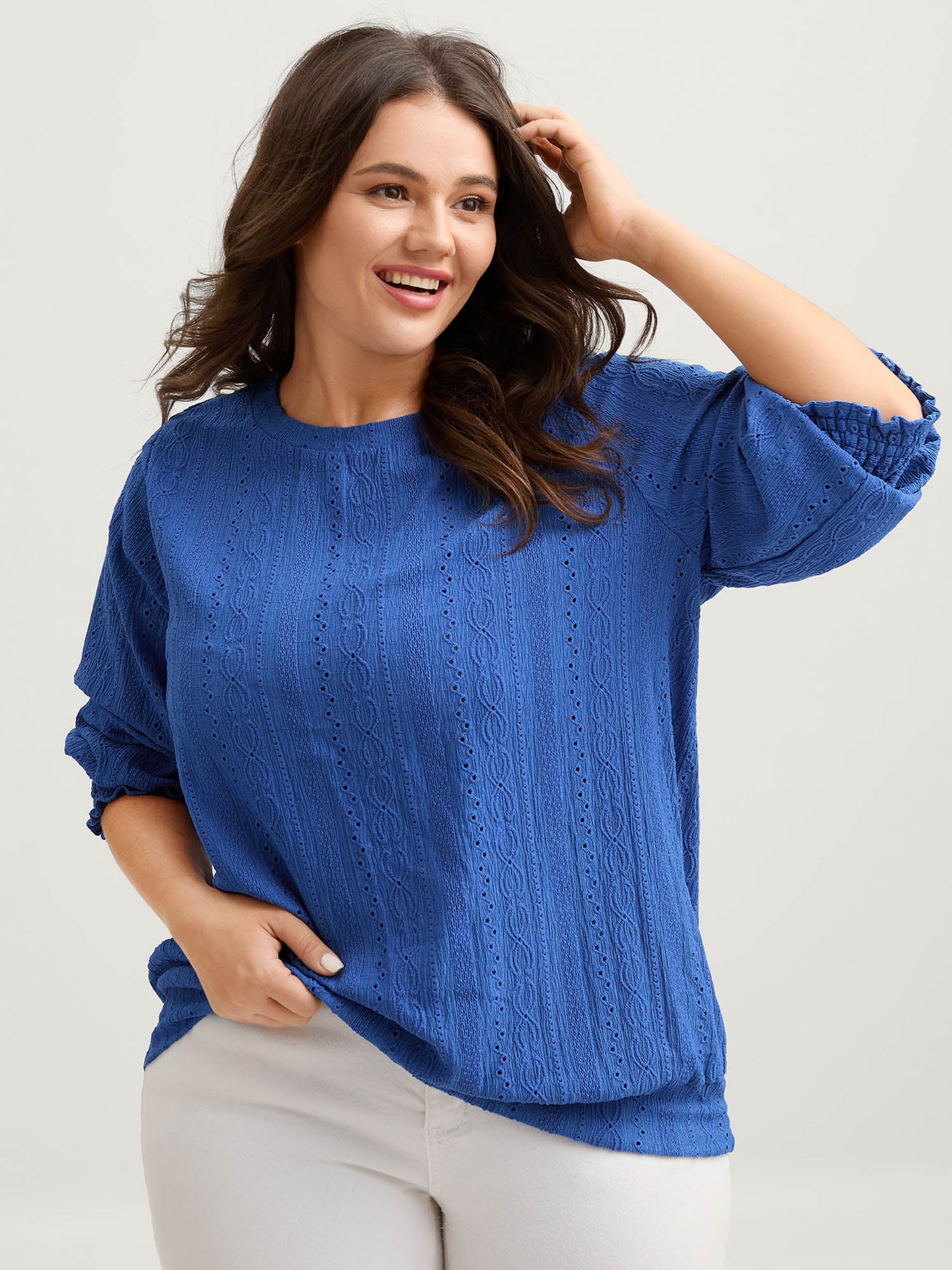 Eyelet Trim Stretchy Plain Knit Top