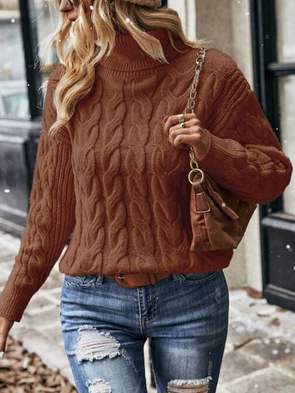 Cable Knit Turtleneck Drop Shoulder Sweater