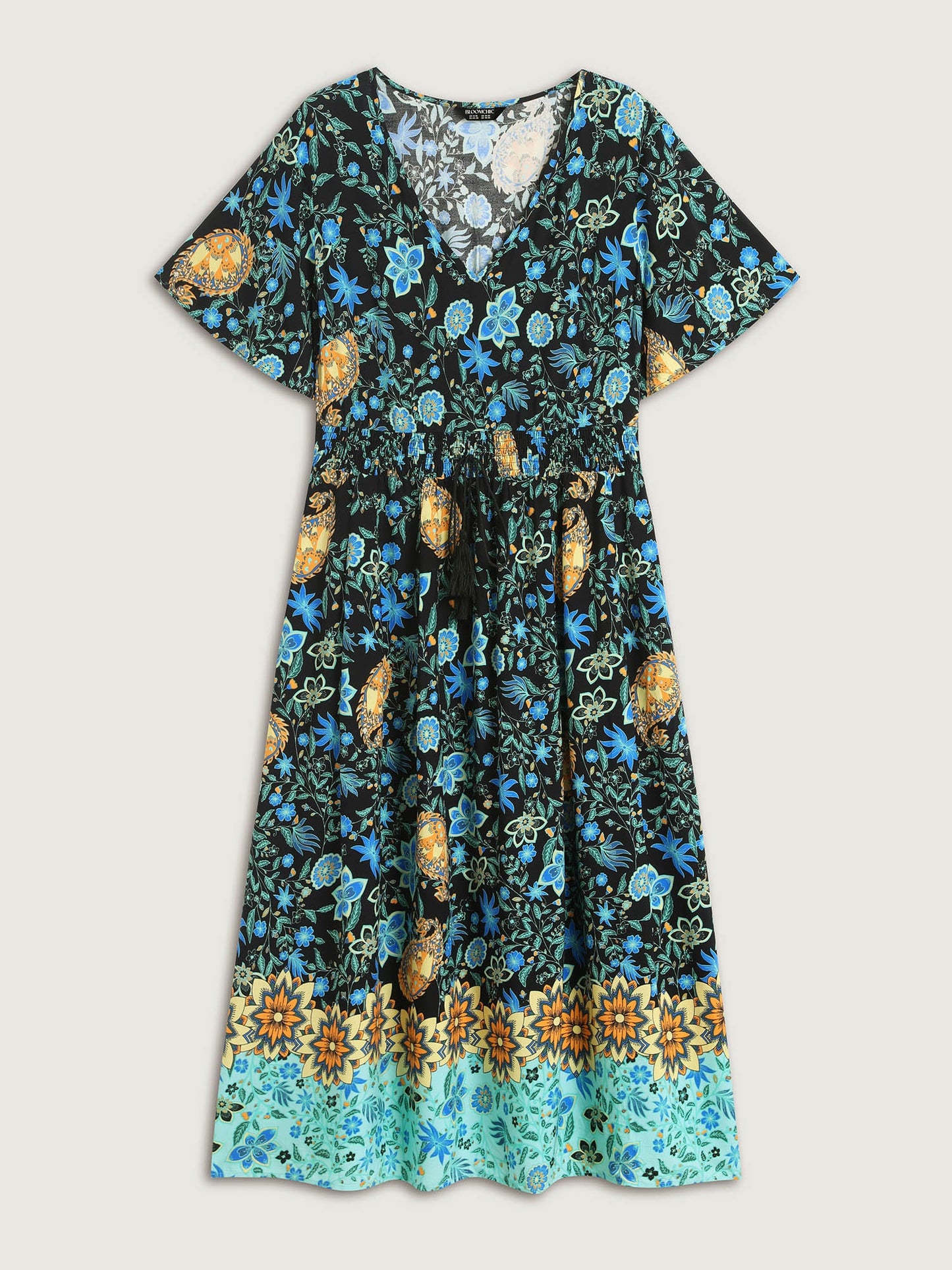 Rayon Paisley Print Shirred Midi Dress