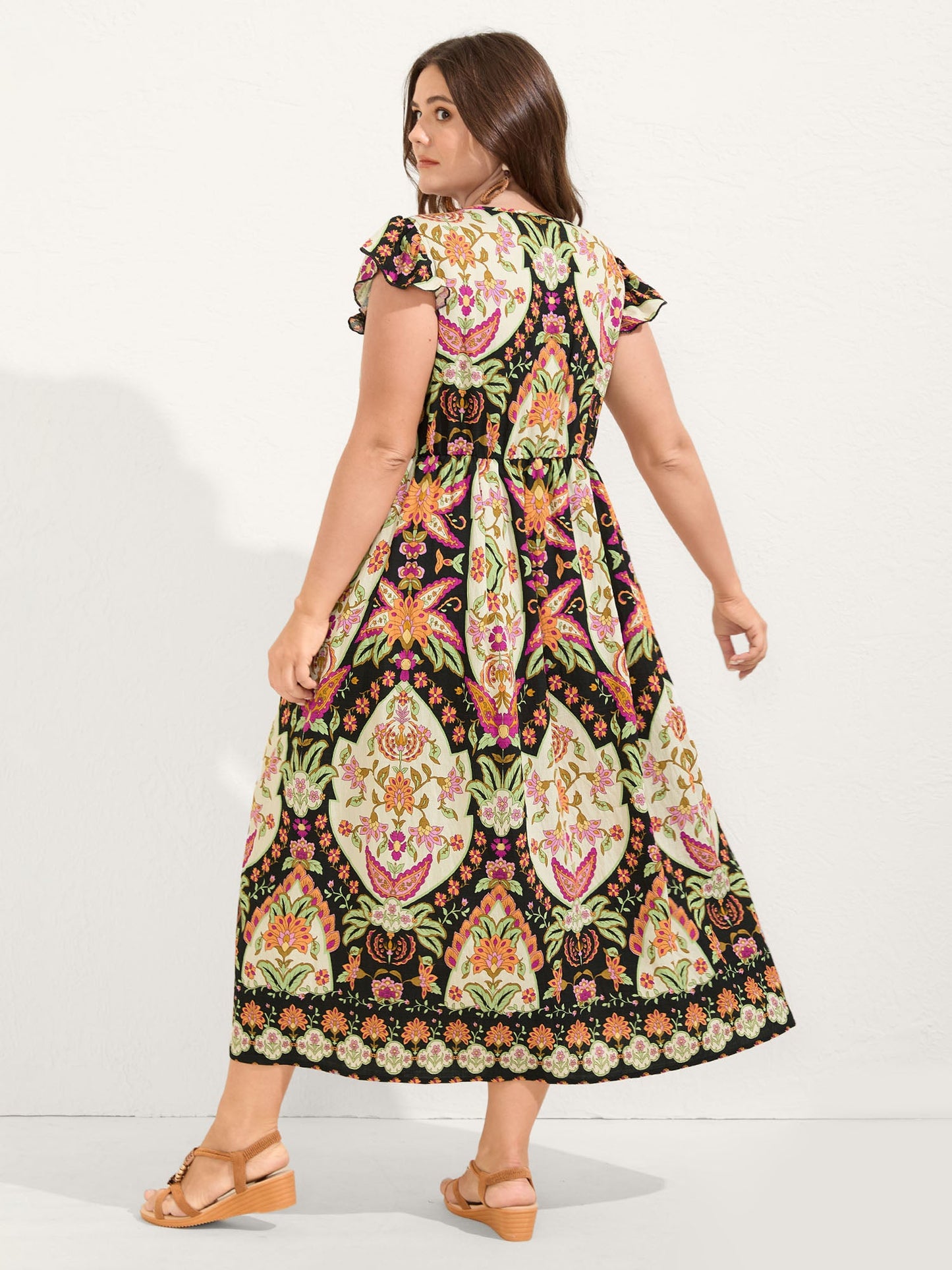 Floral Print Ruffled Sleeve V-Neck Midi Dress
