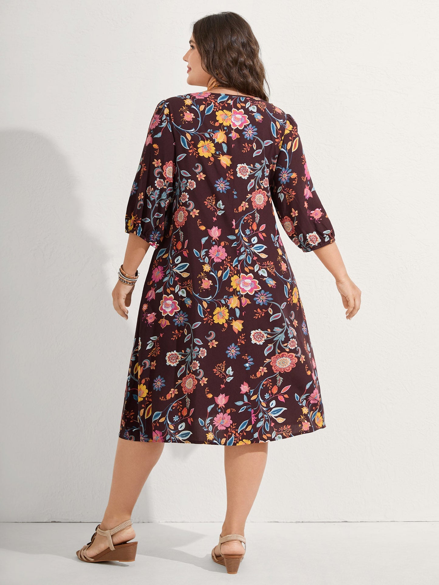 Rayon Boho Floral Placket Midi Dress