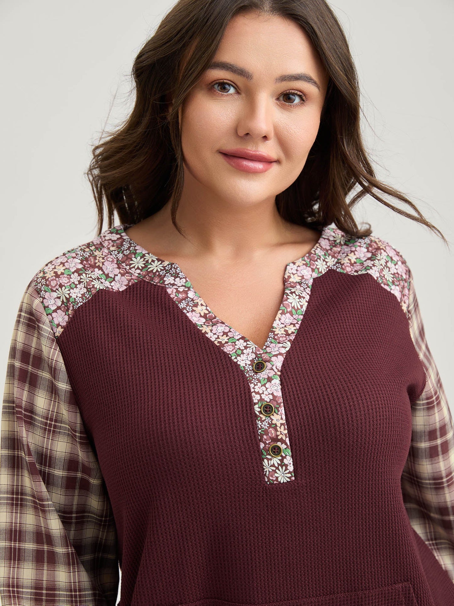 Mixed Print Textured Split Neck Sweatshirt