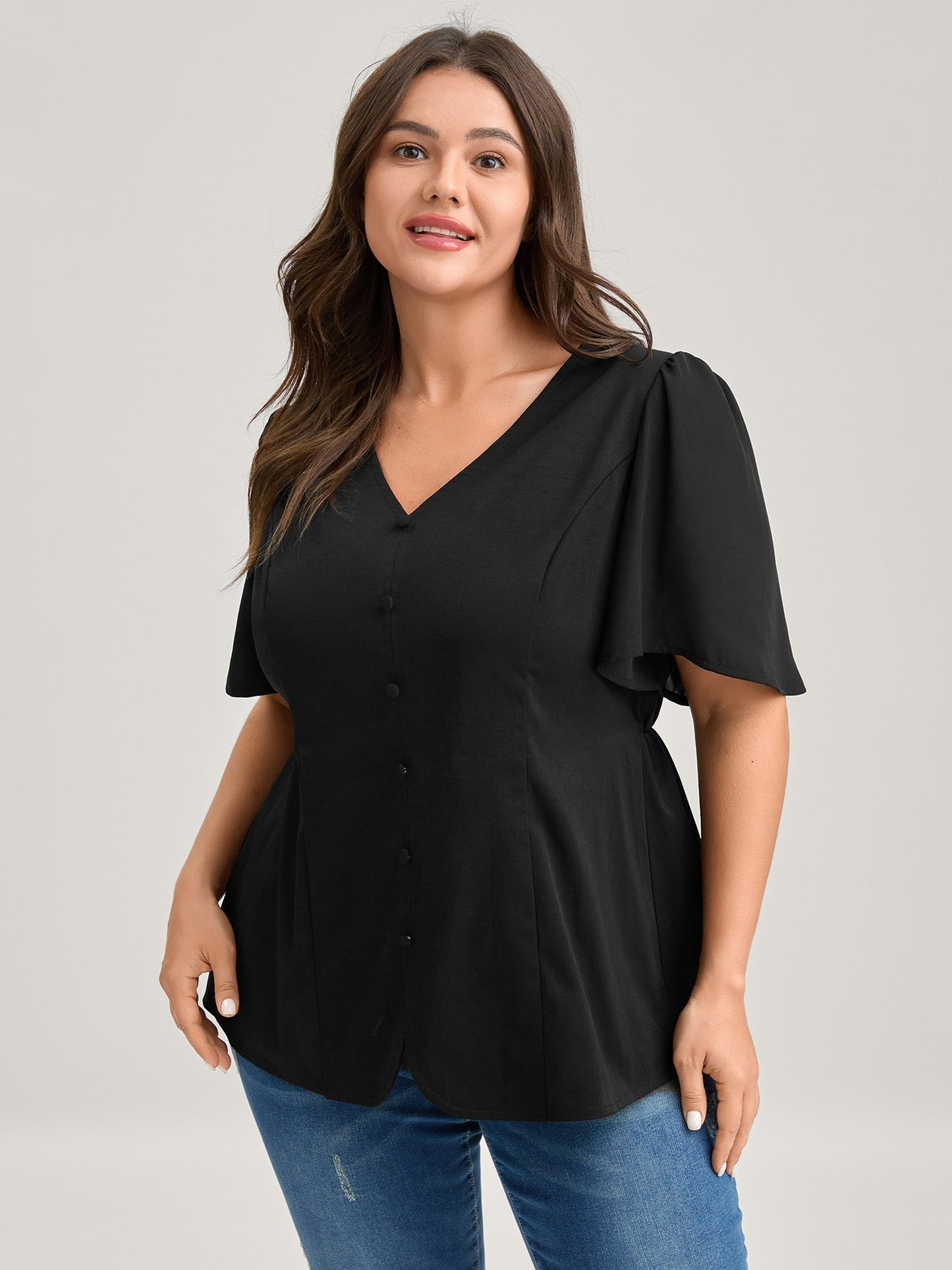 Cinched Flared Waist Button Detail Blouse