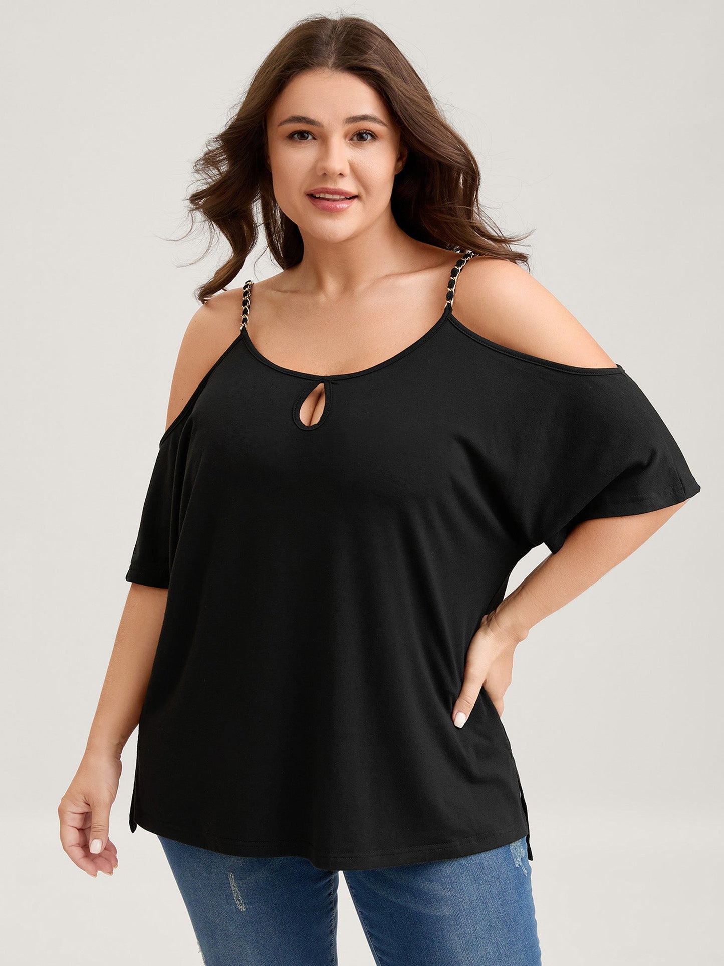 Off-Shoulder Metallic Detail Flowy T-Shirt