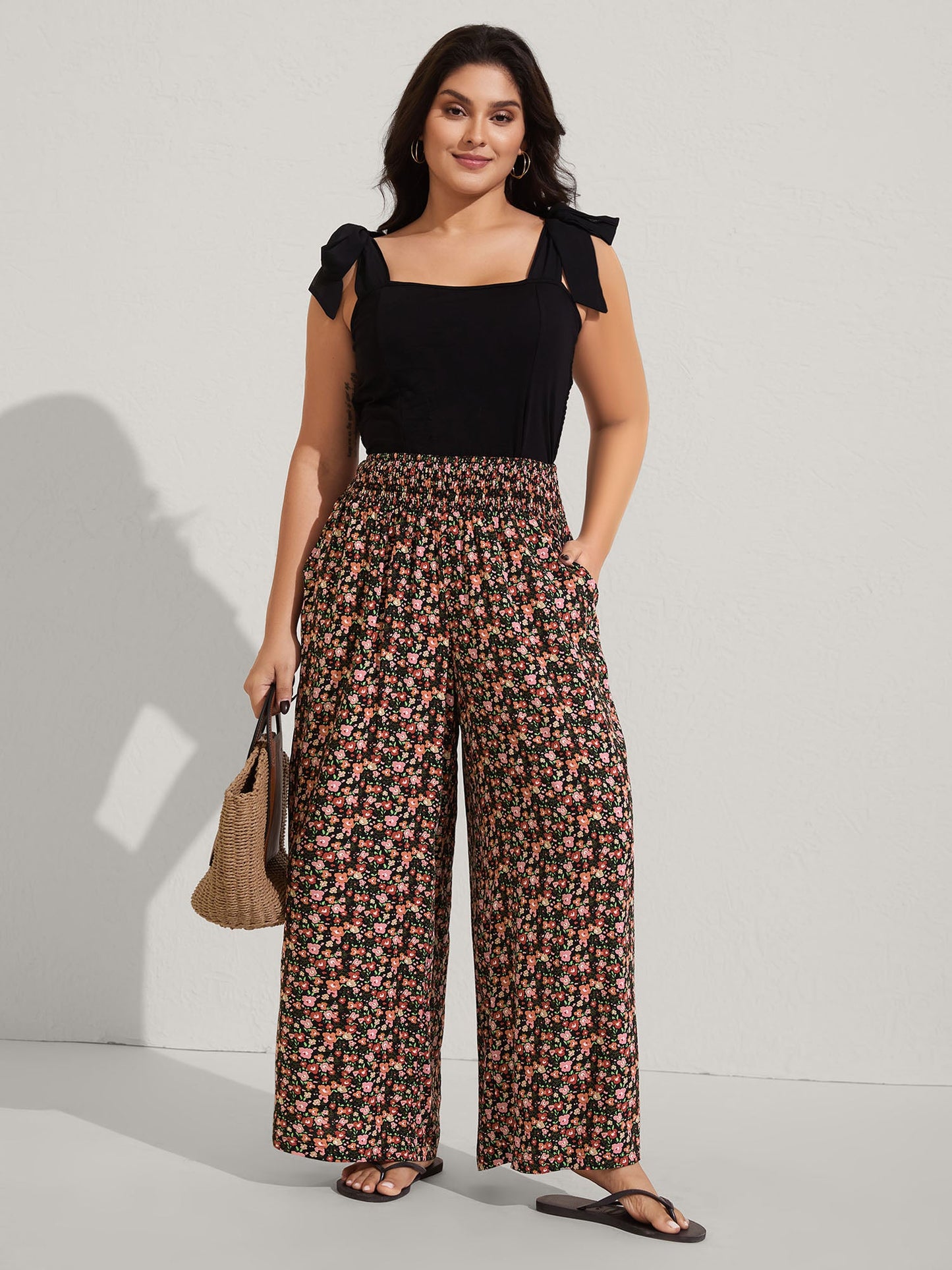 Shirred Waist Ditsy Floral Wide-Leg Pants