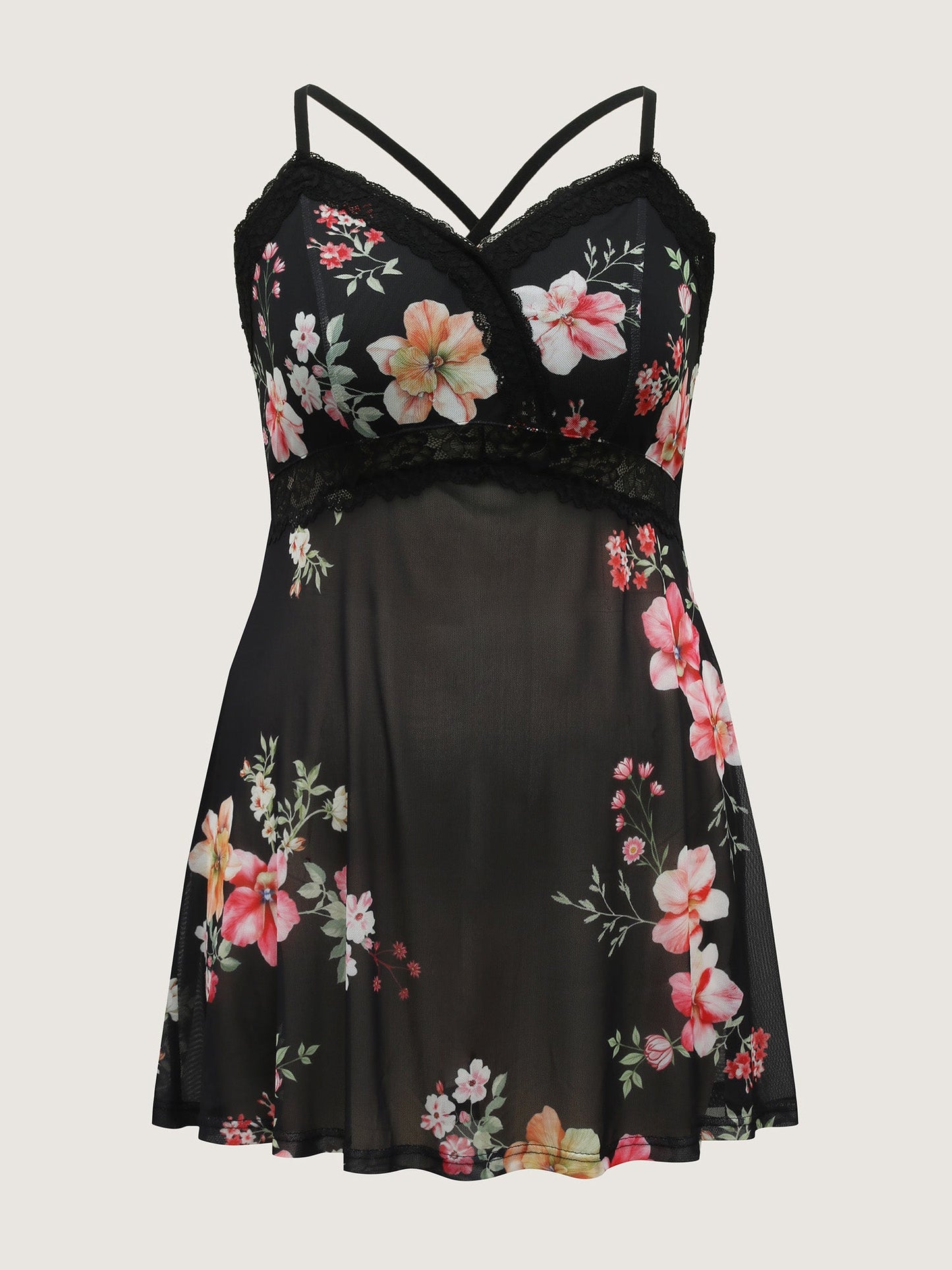 Floral Mesh Lace Trim Sleep Dress