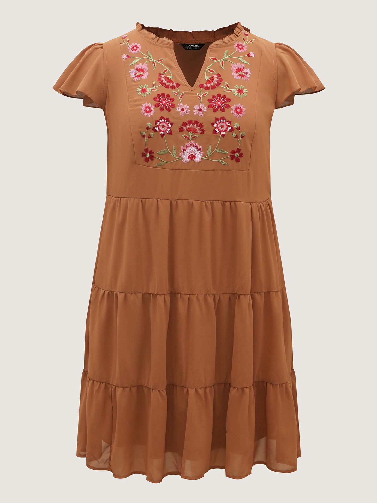 Chiffon Floral Embroidered Tiered Midi Dress