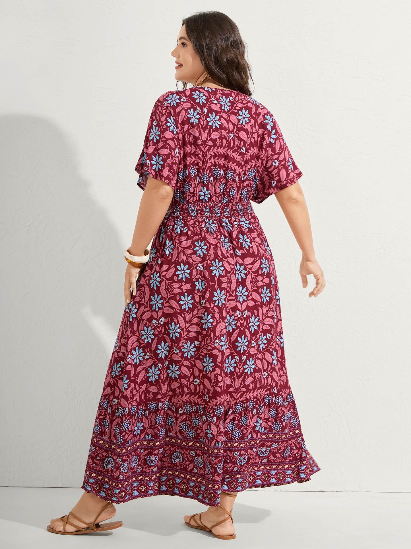 Rayon Boho Floral Shirred Waist Midi Dress