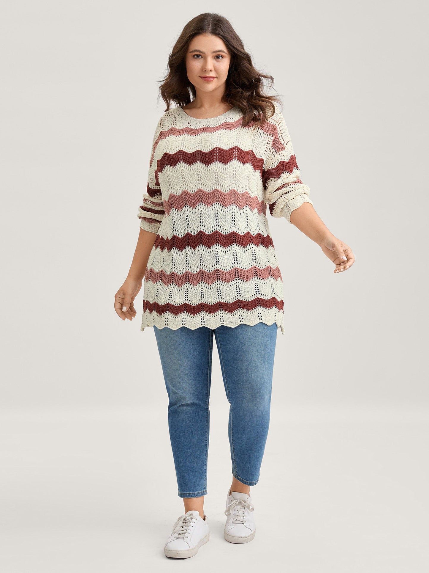 Wavy Textured Stripes Cut-Out Lightweight Pullover