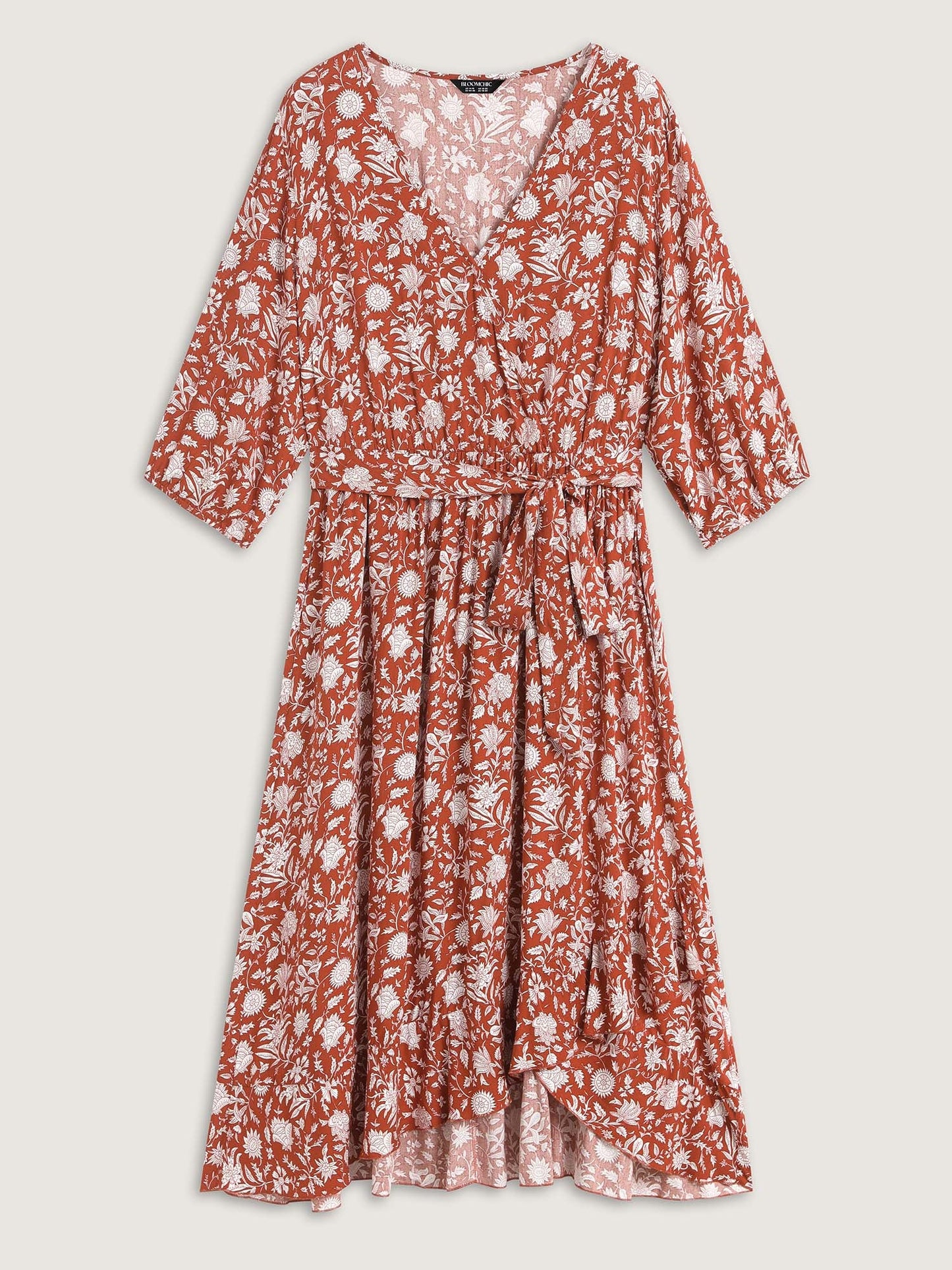 Rayon Silhouette Flower Side-Tie Midi Dress
