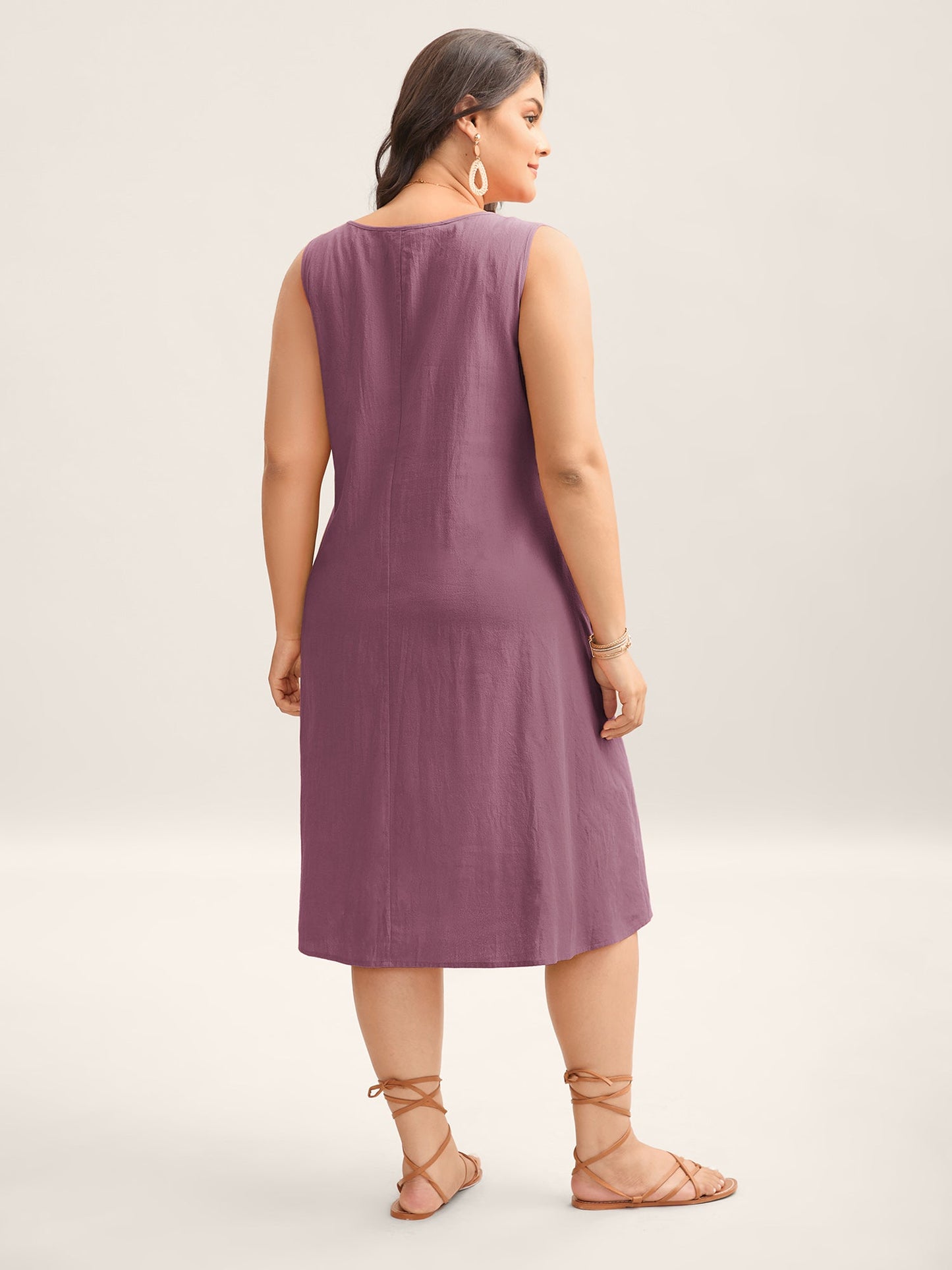 Cotton Toothpick Pleat Plain Midi Dress