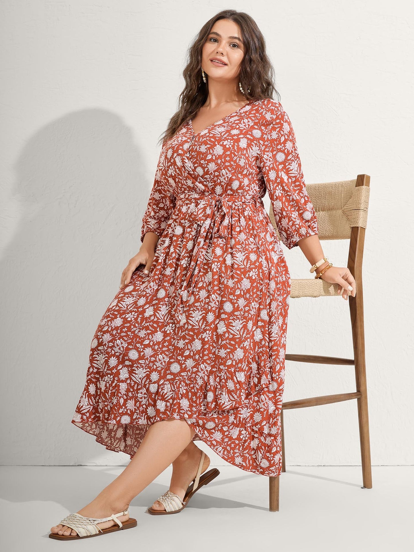 Rayon Silhouette Flower Side-Tie Midi Dress