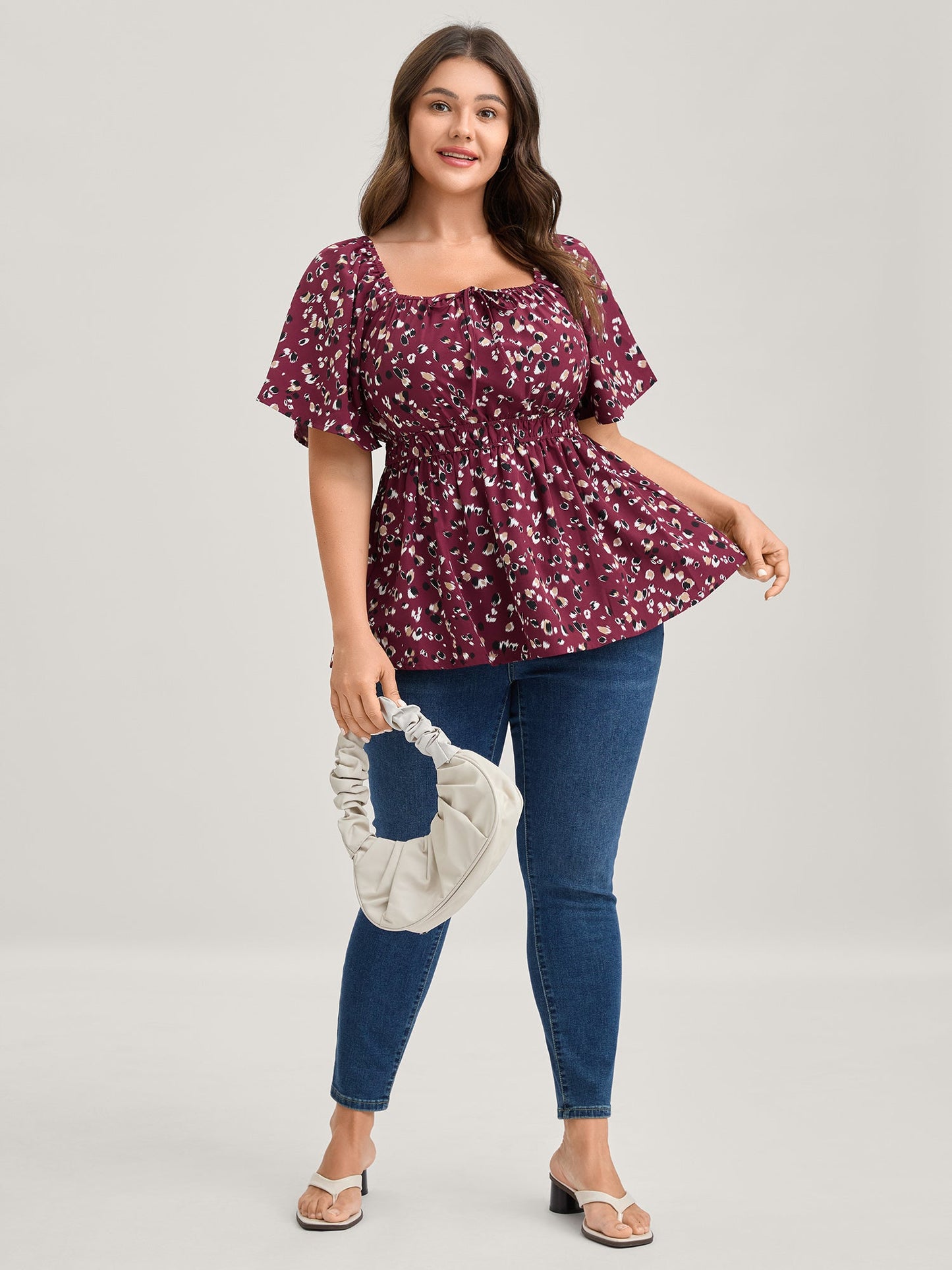 Leopard Brushed Print Neck Drawstring Blouse