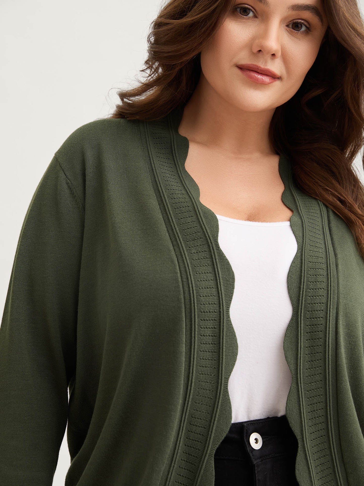 Supersoft Scalloped Trim Three-Quarter Sleeve Cardigan