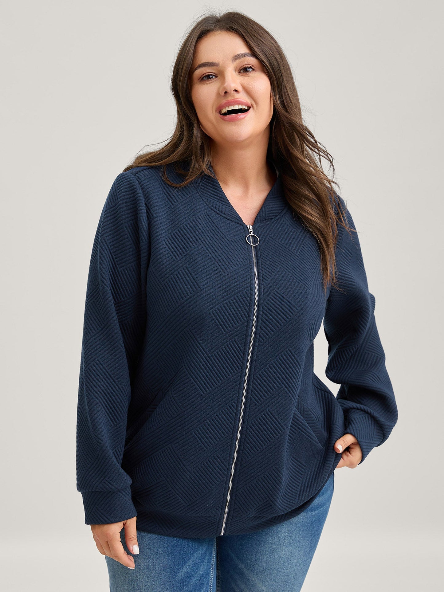 Textured Solid Pockets Zipper Jacket