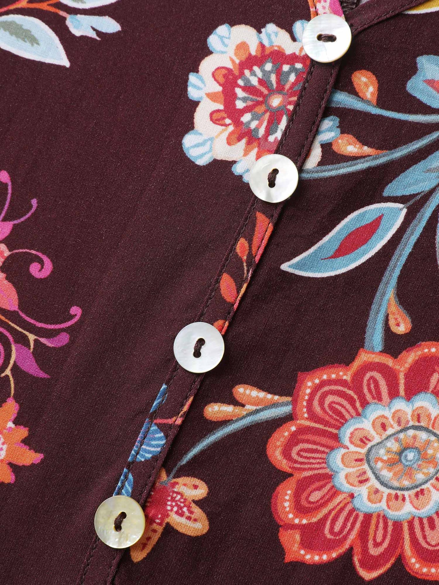 Rayon Boho Floral Placket Midi Dress