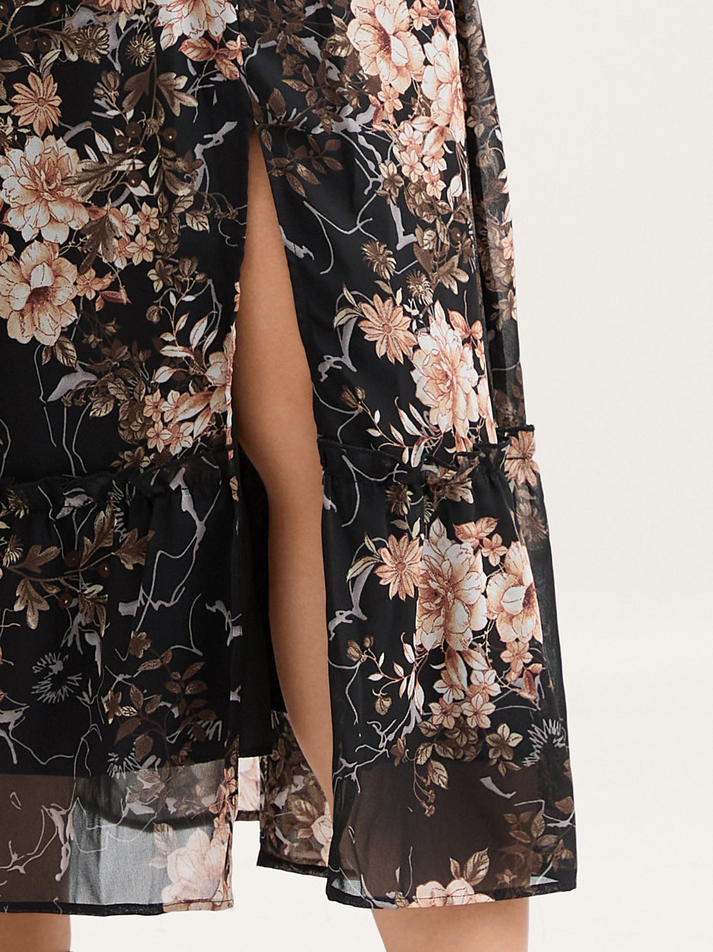 Chiffon Floral Print Tiered Slit Midi Dress