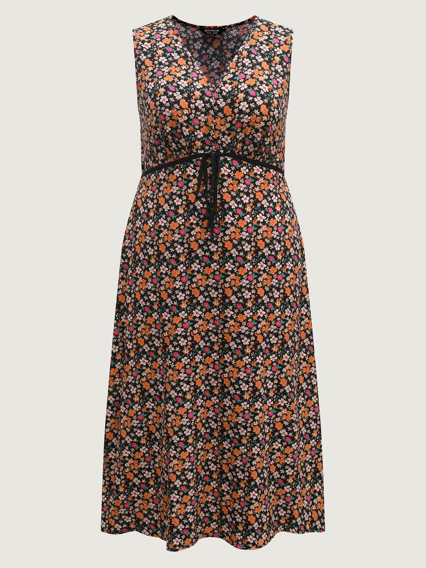 Floral Waist Tie Side Pockets Midi Dress