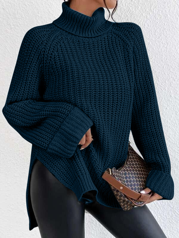 Turtleneck Raglan Sleeve Split Hem Sweater