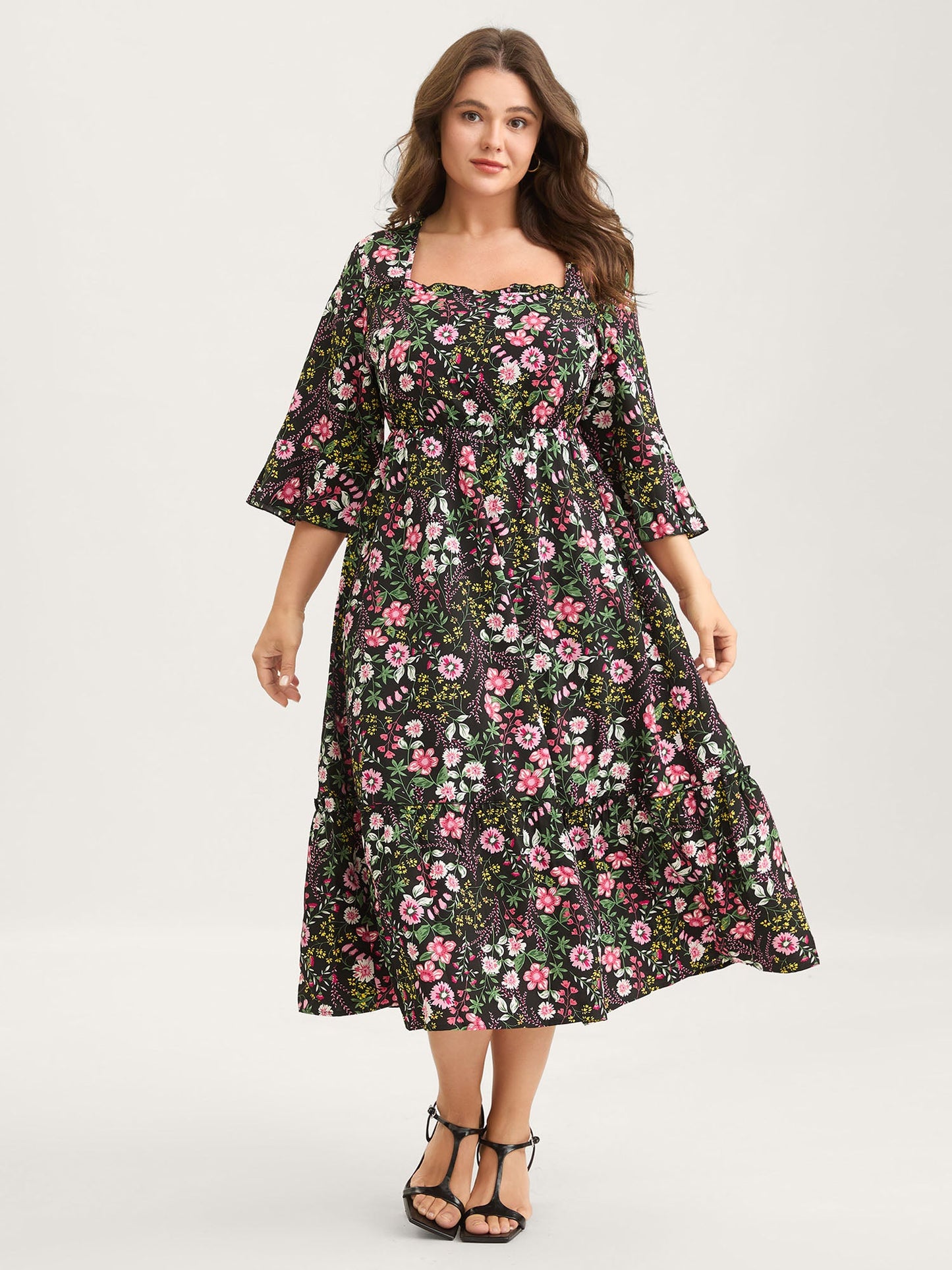 Floral Ruffled Square Neck Midi Dress