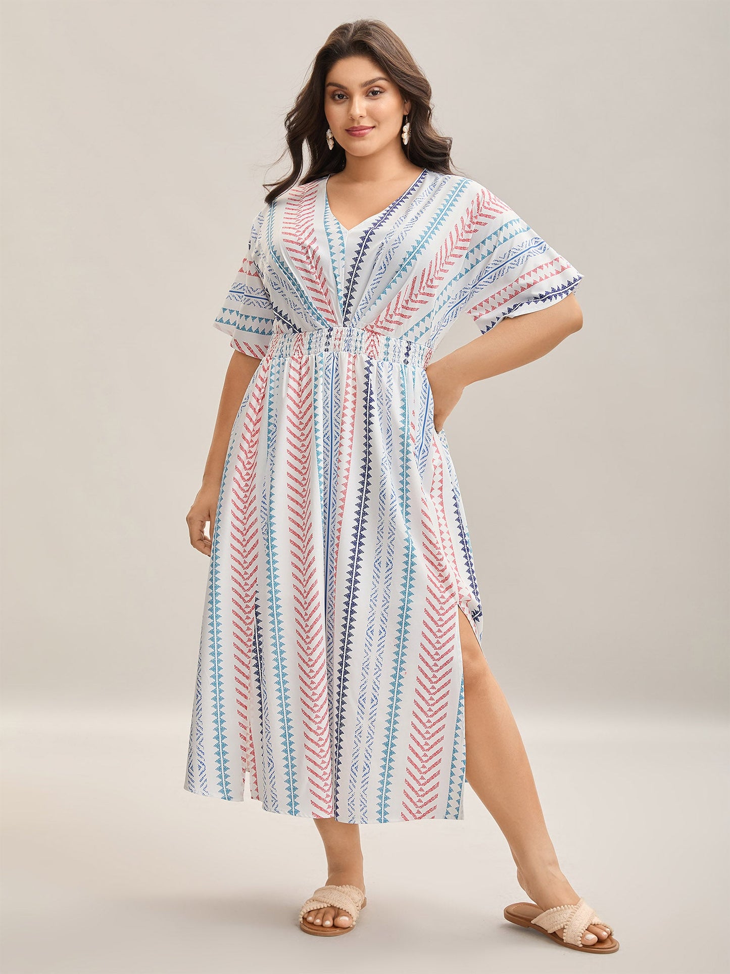 Solid Geometric Dolman Sleeve Pocket Shirred Split Hem Dress